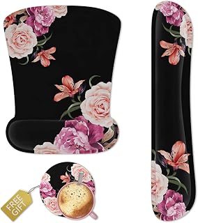 Keyboard Wrist Rest Mouse Pad Black Memory Foam Ergonomic Computer Wrist Support Coaster Set Easy Typing & Relieve Wrist Pain for Home Office - Adorable Peony Flower