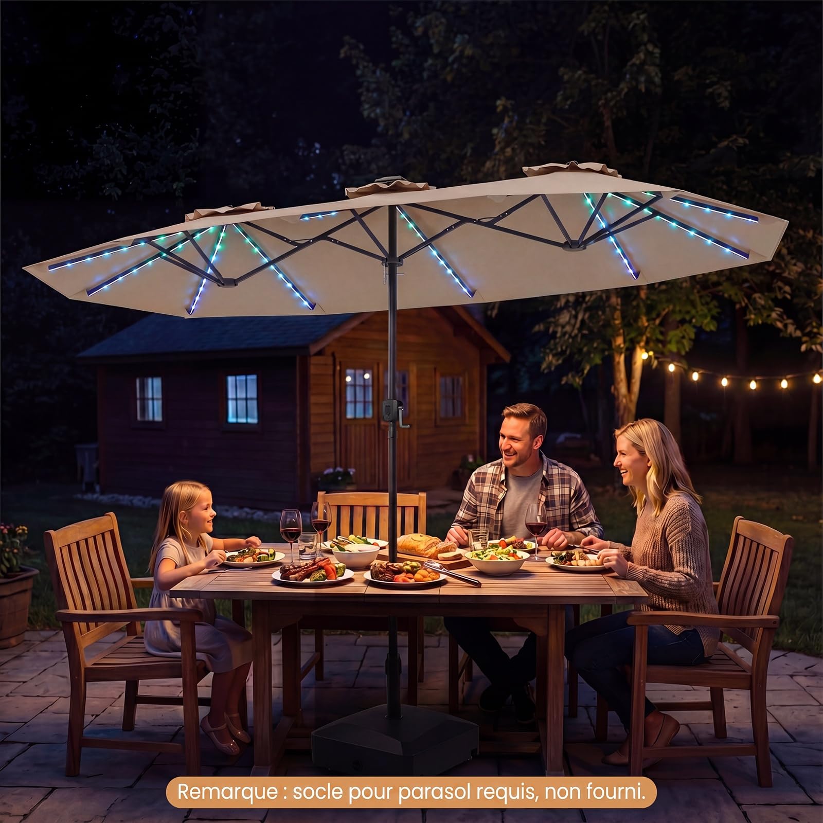 COSTWAY Parasol de Jardin Double 400 x 210 cm, Grand Parasol Rectangulaire avec LED, Manivelle Pratique, Structure à 12 Baleines, Protection Solaire pour Terrasse, Balcon, Camping (Marron)