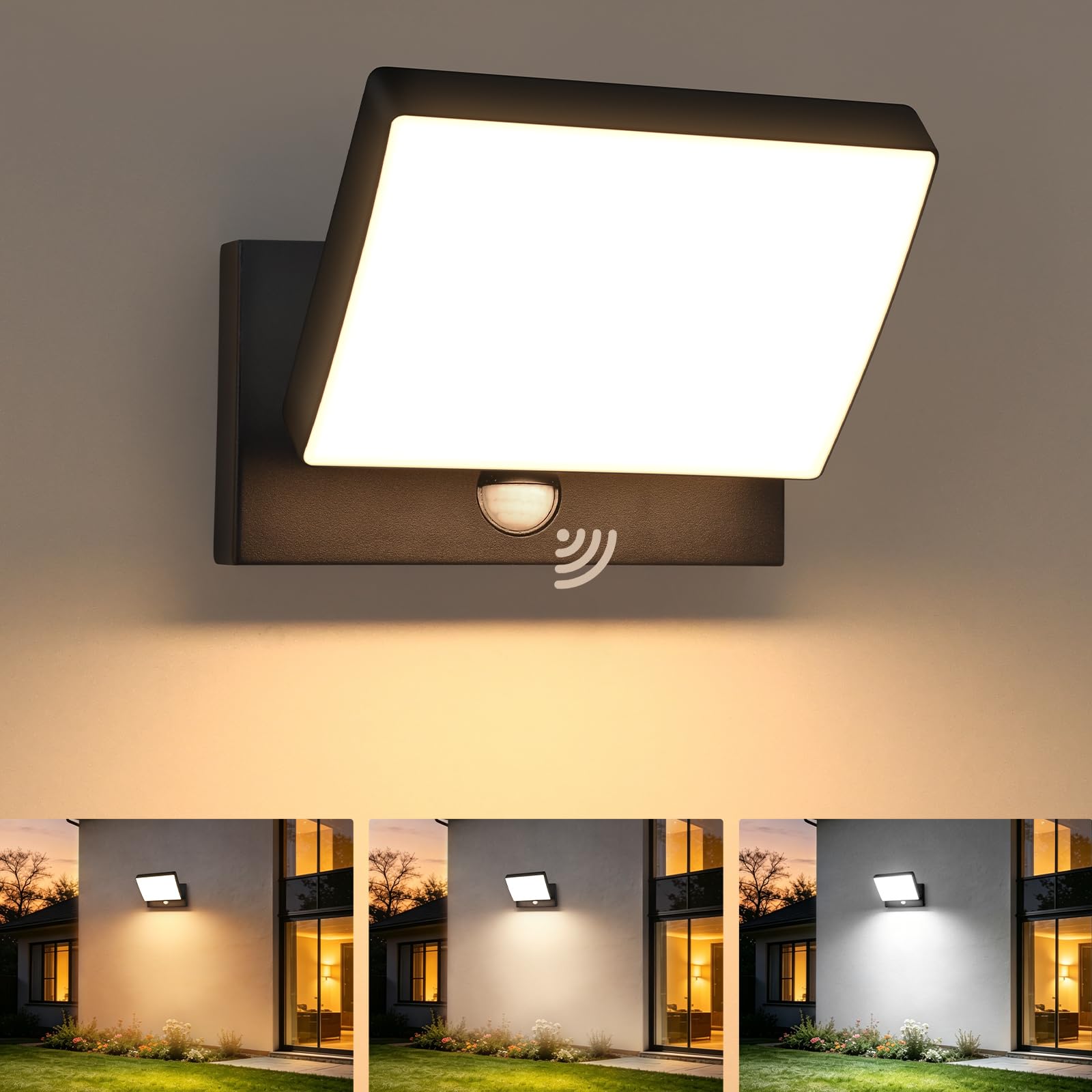24W LED Außenlampe mit Bewegungsmelder, IP65 wasserdichte Wandleuchte, 3000K/4000K/6000K, Schwenkbares LED-Panel (240° vertikal), Dämmerungsbetrieb, Aluminium, für Terrasse, Garage, Eingang, Schwarz