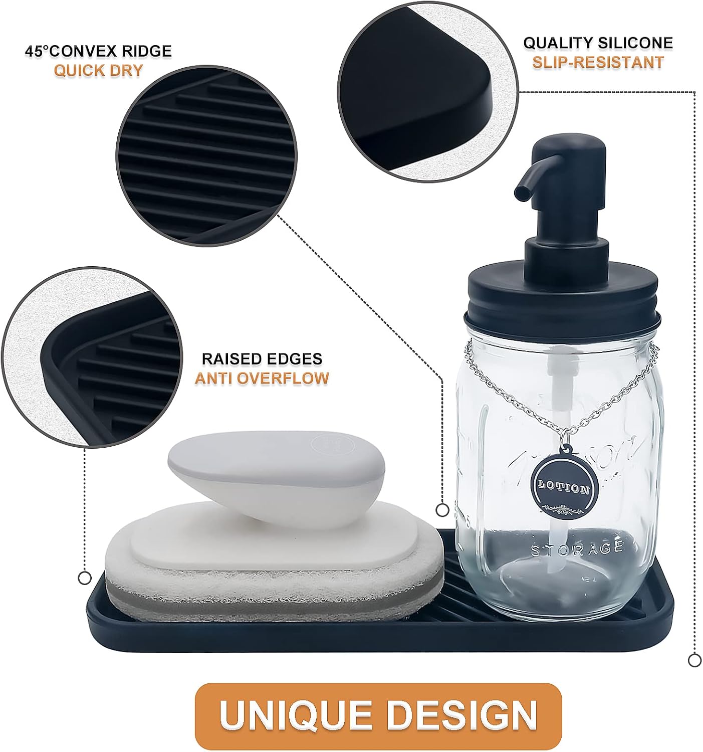 HvOvMvE Silicone Organiser Caddy, Kitchen Sink & Bathroom Holder for Sponge Dish Brush and Soap Dispenser (Black 2 Pack, 23.5x9.2cm) - Image 4