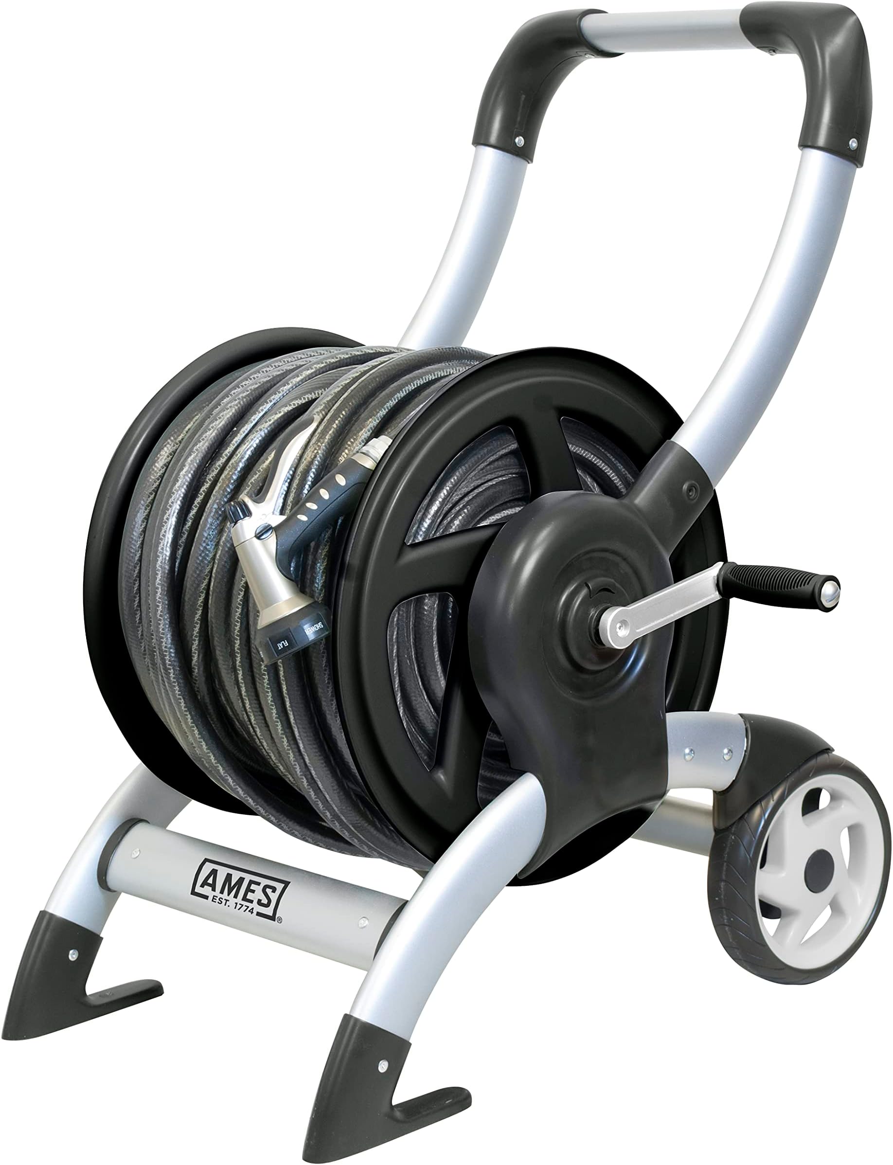 AMES 2518000 Reel Cart, NeverLeak Design, Holds 200 ft. of 5/8 in. Garden Hose, Heavy Duty Aluminum, Silver