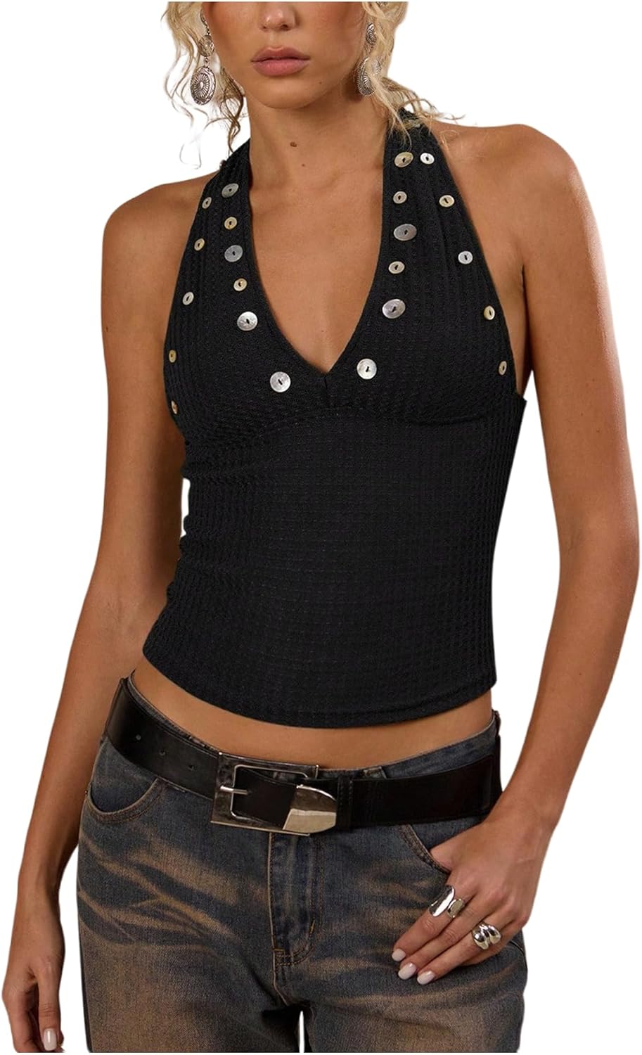 Women's Button Decor Sleeveless Crop Halter Top Y2K Open Back Ribbed Knit Going Out Tops