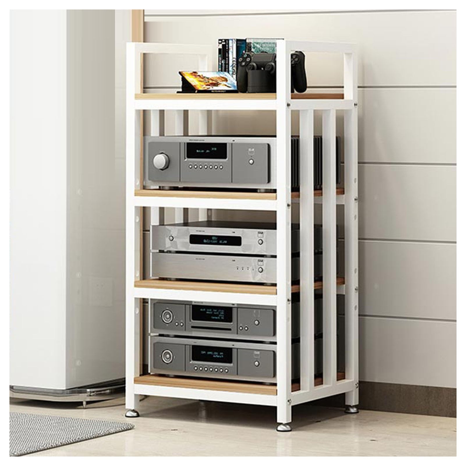 Stojak na media AV 4Tier, regulowana wysokość półki, ruchoma wieża audio, stojak na odtwarzacz, do pokoju nagraniowego do gier(White)