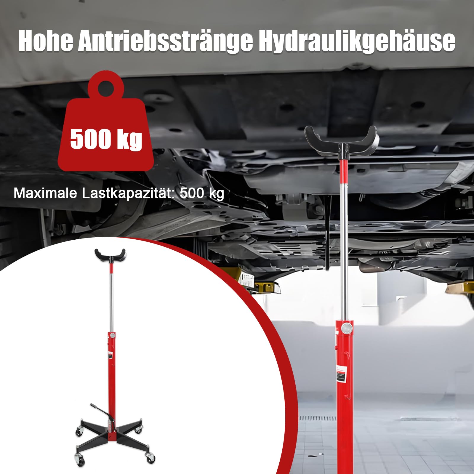 Getriebeheber hydraulisch, 500kg Hydraulik Motorheber, 113-186cm Hubhöhe | 4 Lenkrollen, stufenlos regulierbar, Mobiler Hydraulischer Getriebeheber für Kfz und LKW
