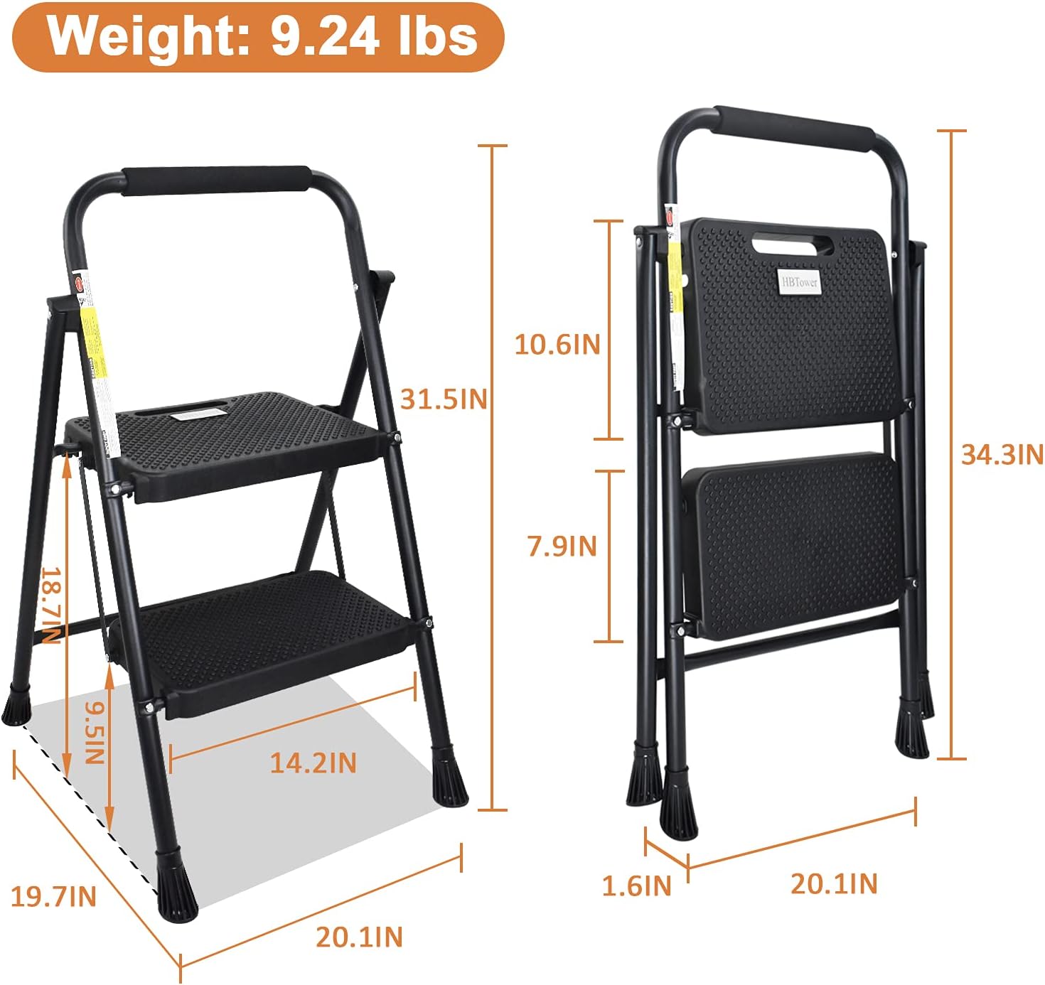HBTower 2 Step Ladder, 500 lbs Folding Step Stool with Anti-slip Wide Pedals, Sturdy Steel Ladder, Convenient Handgrip, Lightweight Portable Step Stool - - 