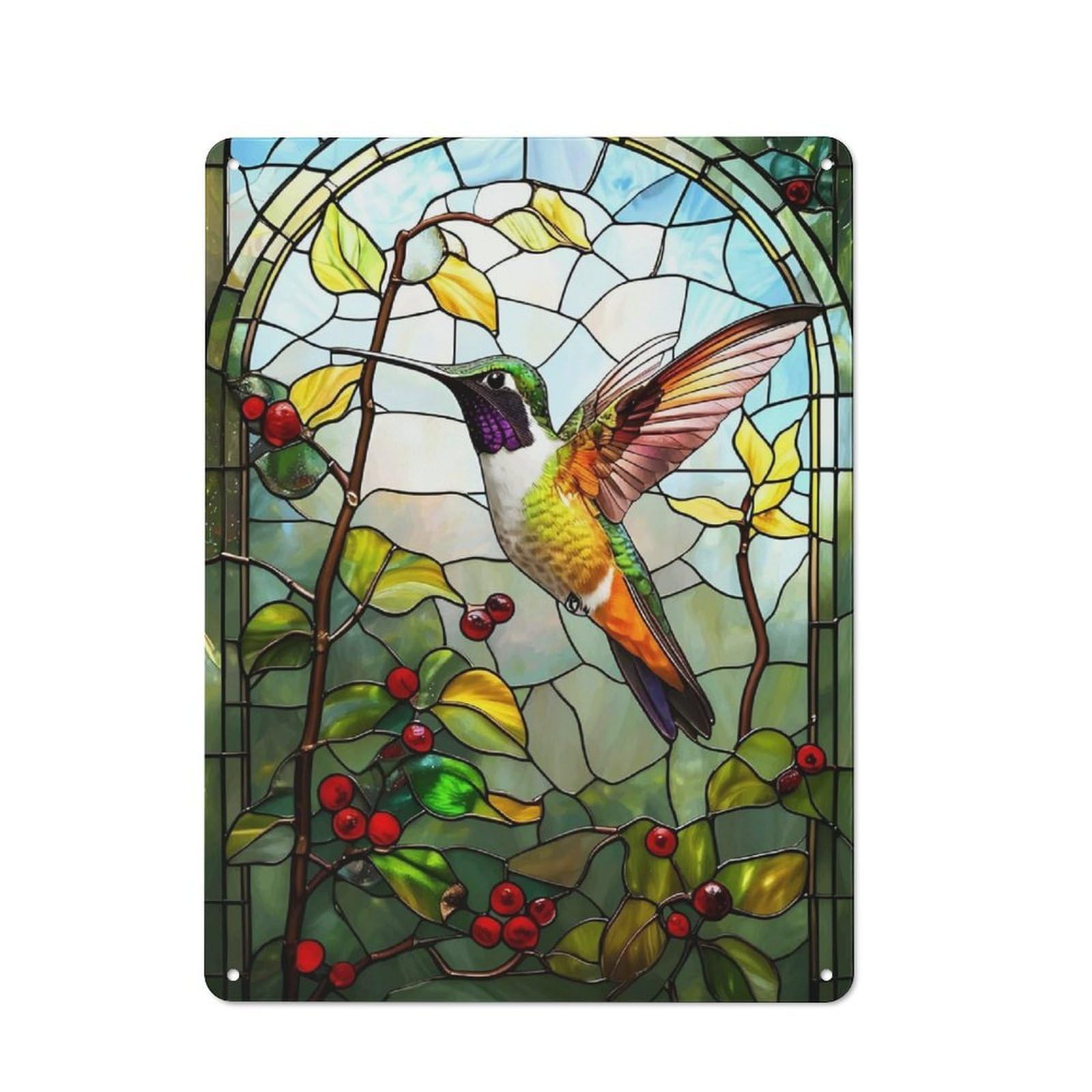 Farmhouse Metal Sign with Stained Glass Hummingbird Design 40x30cm, Rustic Country Wall Plaque for Cottage, Kitchen, Hallway Or Breakfast Nook