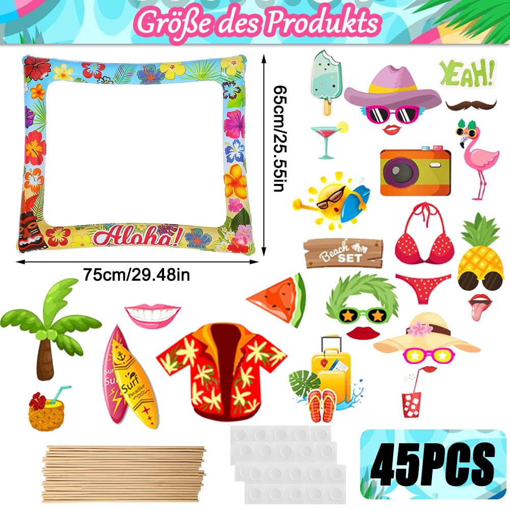 Set 30 Accessori Hawaiani Per Cabina Fotografica - Cornici Gonfiabili E Oggetti Di Scena In Carta Per Feste A Tema Luau