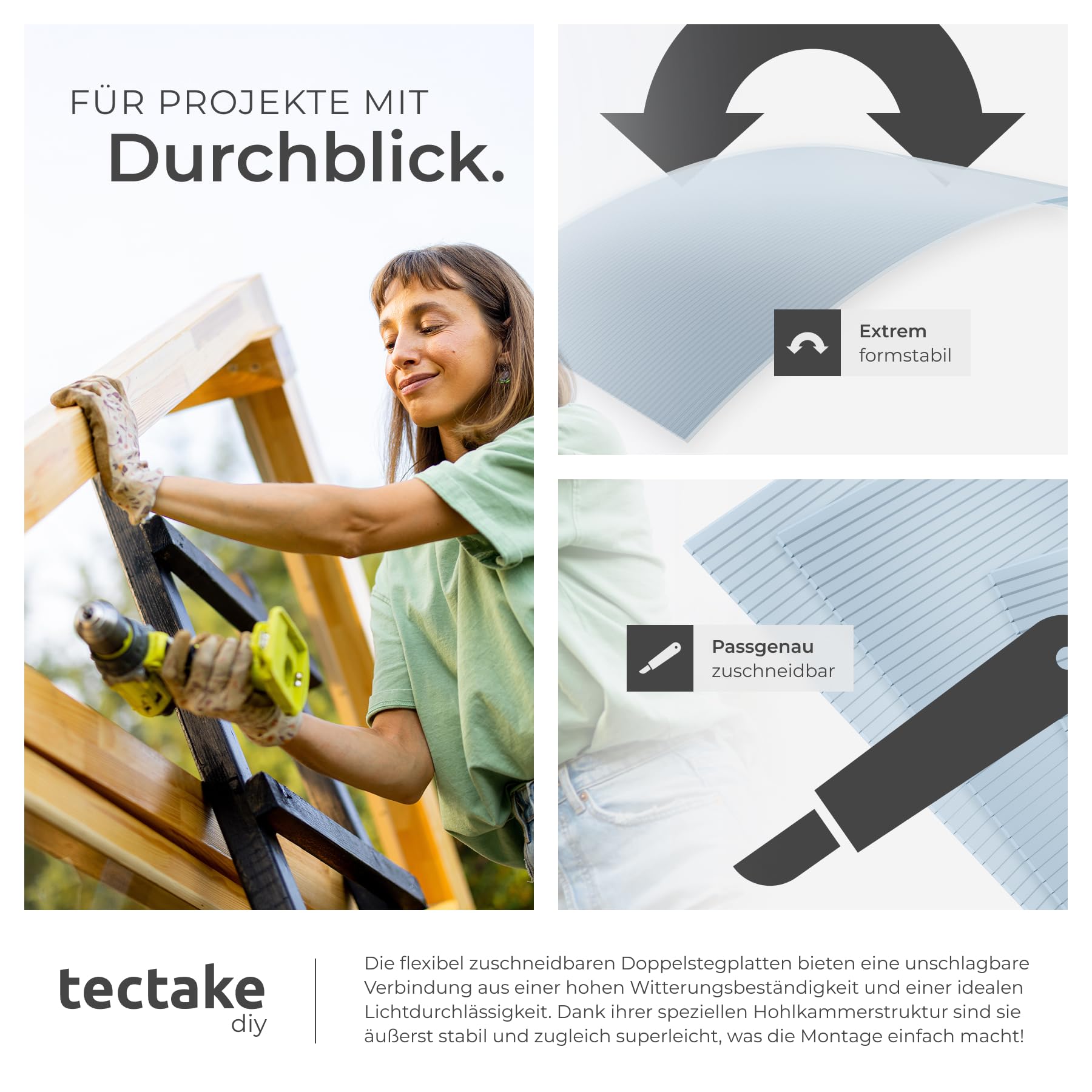 tectake® Polycarbonat Doppelstegplatten, 14x Platte, UV-beständige Kunststoffpaneele, Stegplatten Kunststoffplatte Gewächshaus, Terrassenüberdachung, Frühbeetaufsatz - 121 x 60,5 x 0,4 cm