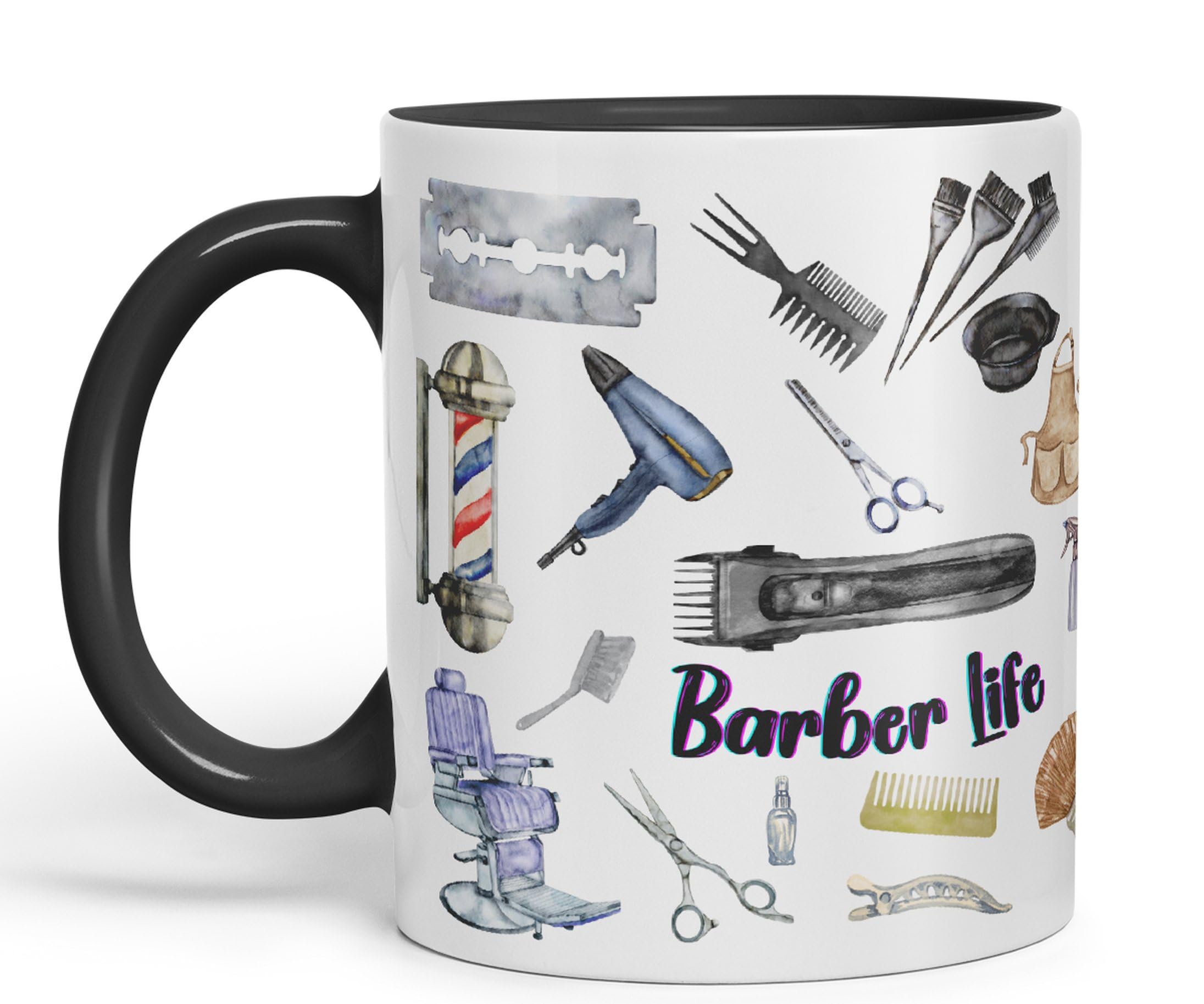 Vixar Barber Life Hairdresser Ceramic Coloured Mug Cup for Tea Coffee Hot Brew 330ml 11Oz Gift (Black)