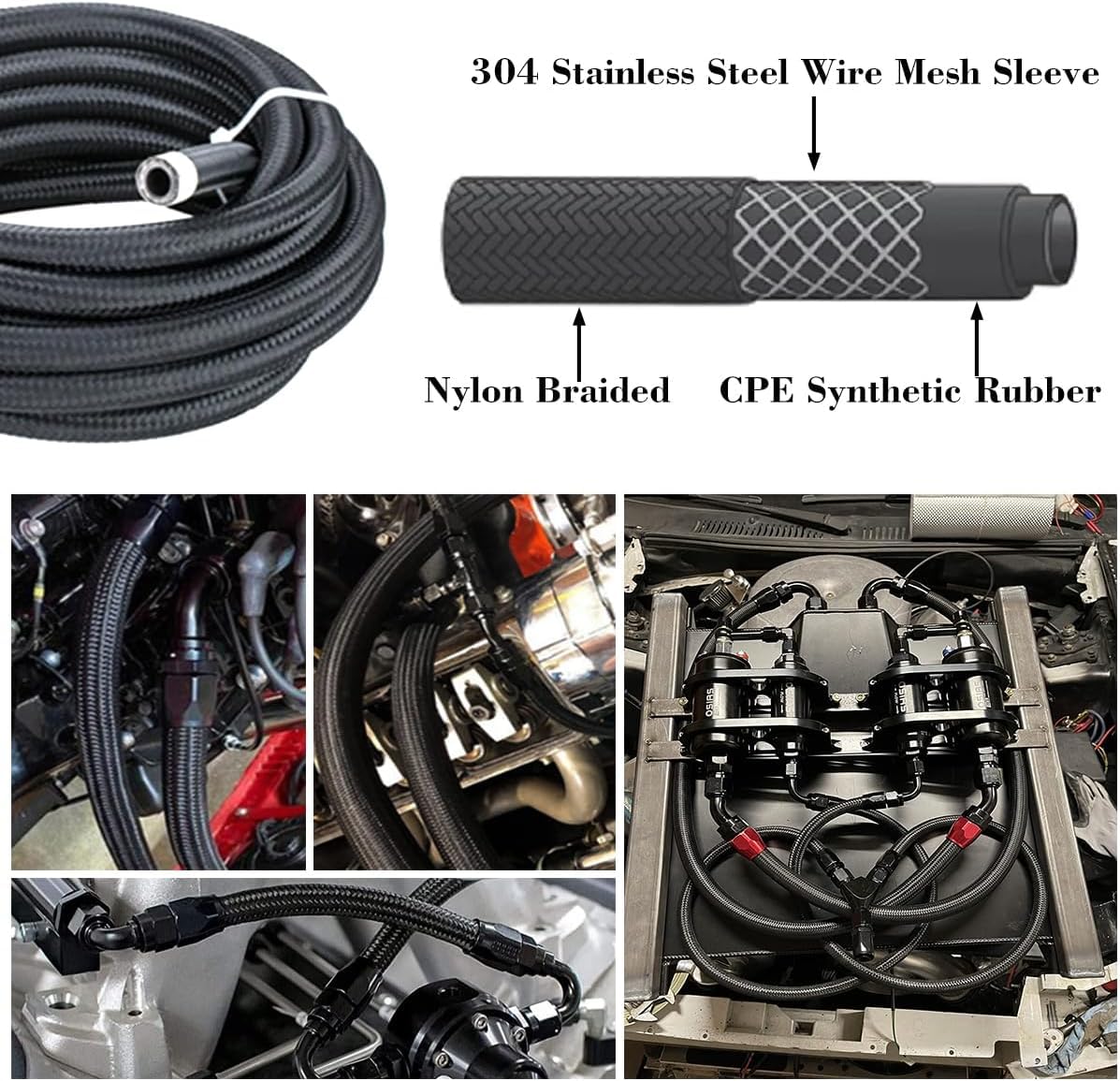 10 AN 5/8 Nylon Braided Stainless Steel Fuel Line Hose 1FT
