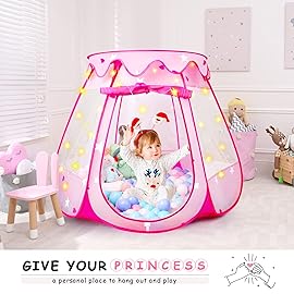 Princess Tent Girls Kids Playhouse Pop Up Play Tent with Star Light Tent for Kids Ball Pit Toys for 1,2,3 Years Girl Birthday Gift for Indoor Outdoor Toddler Girl Gift, Easy to Pop Up and Assemble
