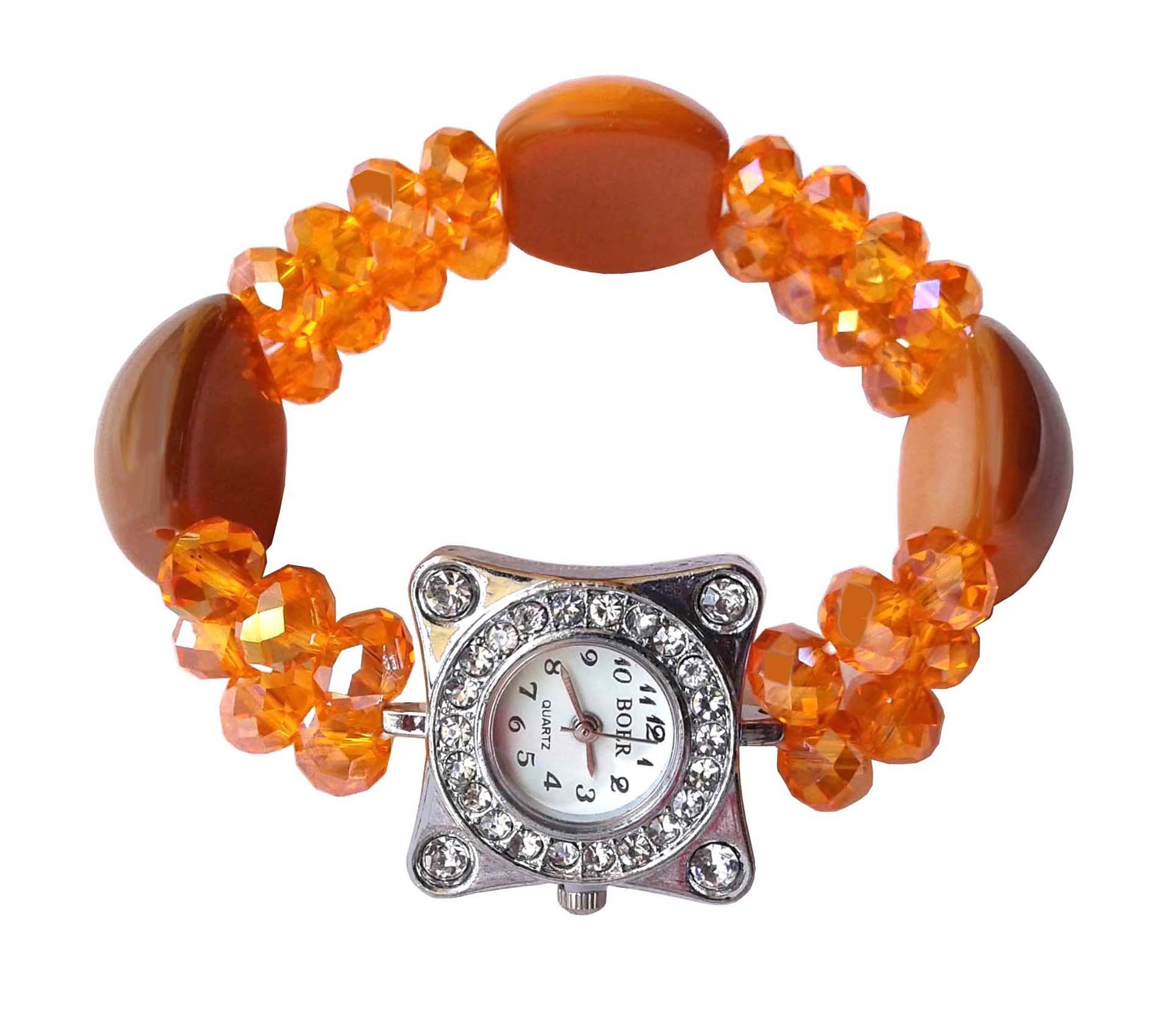 Shreya Collection Orange Designer Dial Beaded Bracelet Watch - 709.2