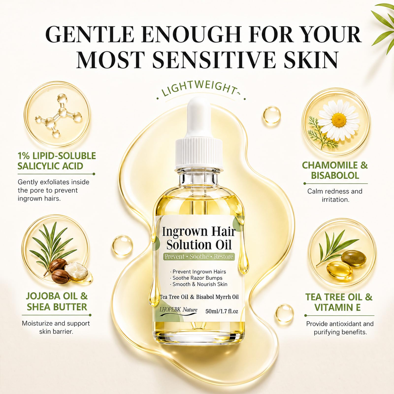 Öl Serum für eingewachsene Haare: 48 g, beruhigendes After Shave Öl, verhindert eingewachsene Haare zur Beruhigung von Rasiererbeulen, reduziert Rötungen und Irritationen für Bikinizone, Beine