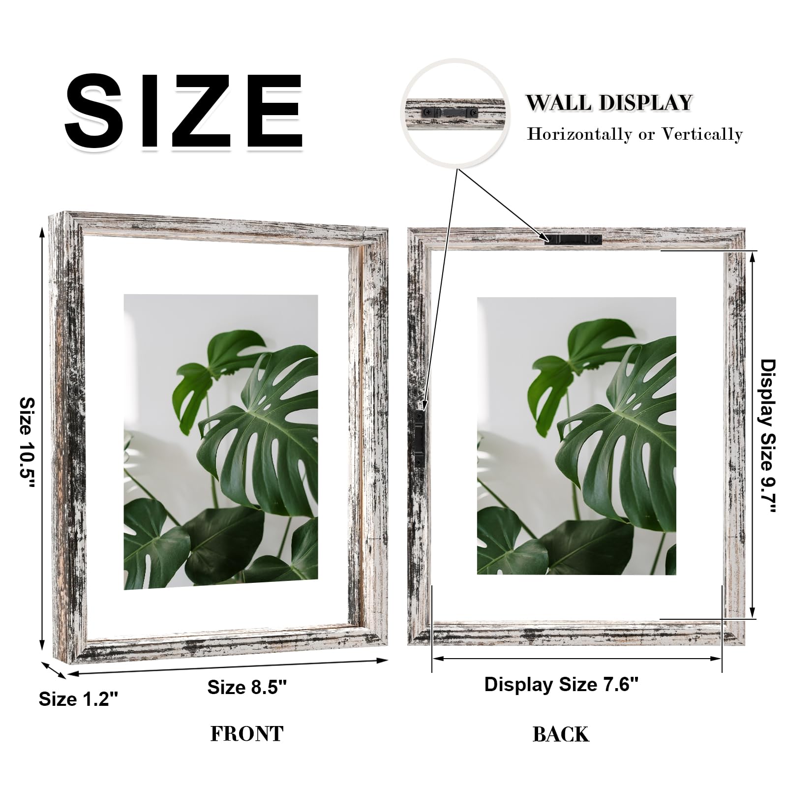 Egofine Distressed White 8x10 Floating Frames Set of 2, Double Glass Picture Frame, Made of Solid Wood Display Any Size Photo up to 8x10, Wall Mount or Tabletop Standing