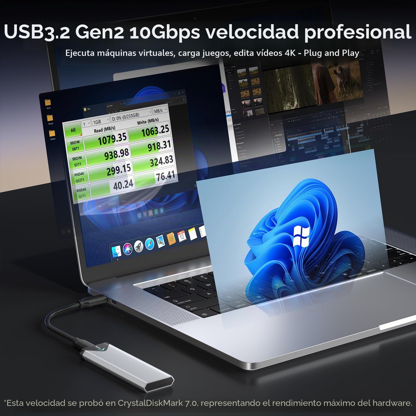 SSK Adaptador de Caja SSD SATA M.2 NVME de Aluminio, USB 3.2 Gen 2 (10 Gbps) a PCI-E NGFF M-Key/(B+M) Key Soporte de Carcasa SSD Externa UASP para SSD 2242/2260/2280