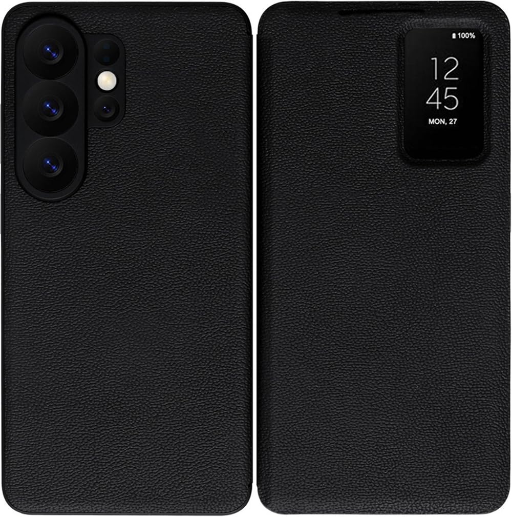Skórzane Etui Smart View do Samsung Galaxy S26 Ultra. Automatyczne Usypianie/Budzenie, Pokrowiec na Telefon, Inteligentny Futerał do Samsung S 26 Ultra -Czarny