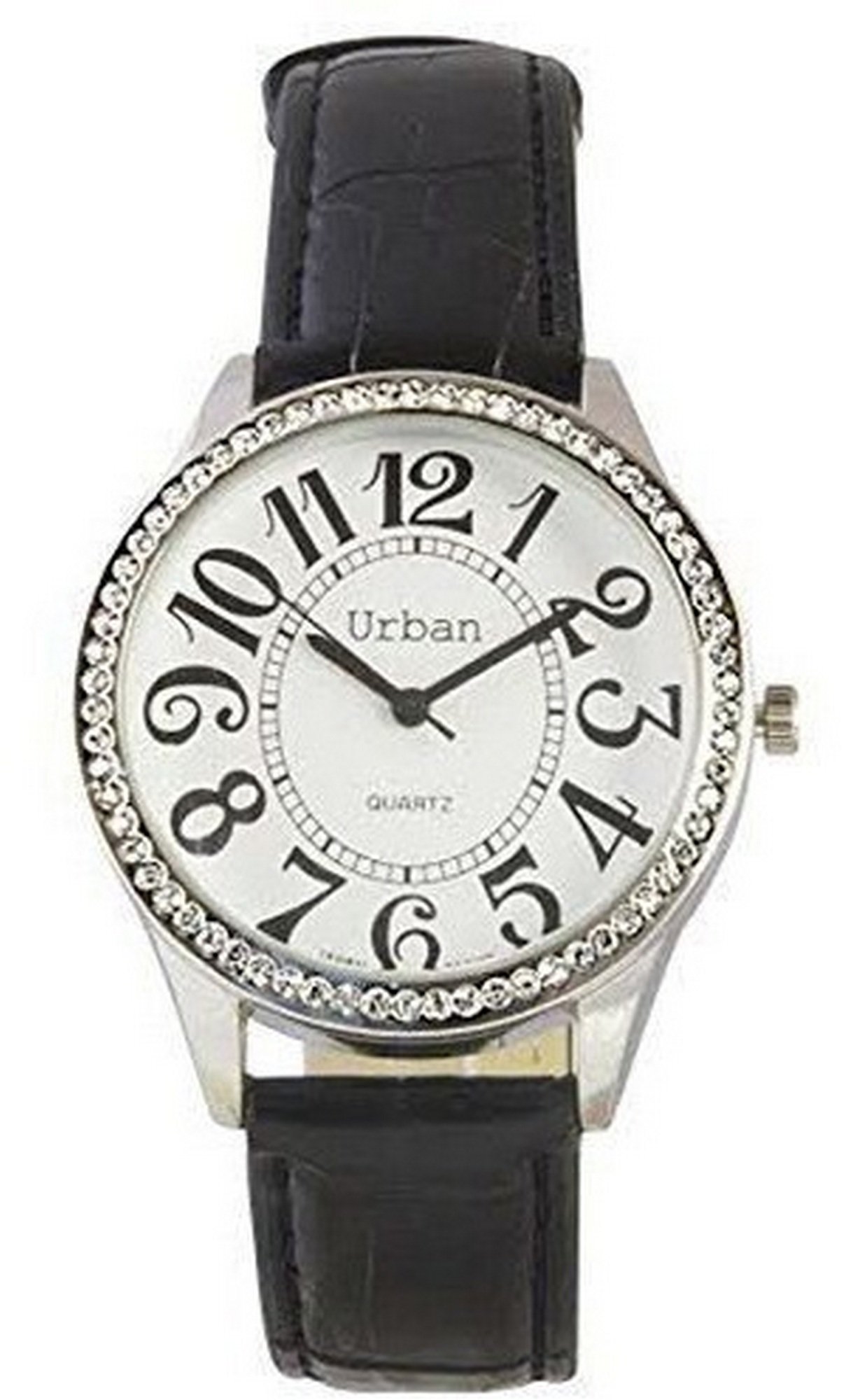 Urban Women’s Wrist Watch, Silver Diamante Large Numbers and Dial Display Analog Japanese Quartz Movement with Black PU Leather Strap UBN-L