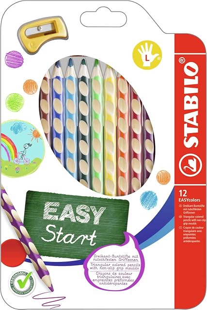 Colouring Pencil - STABILO EASYcolors - Left handed - Wallet of 12 - Assorted Colours + Sharpener