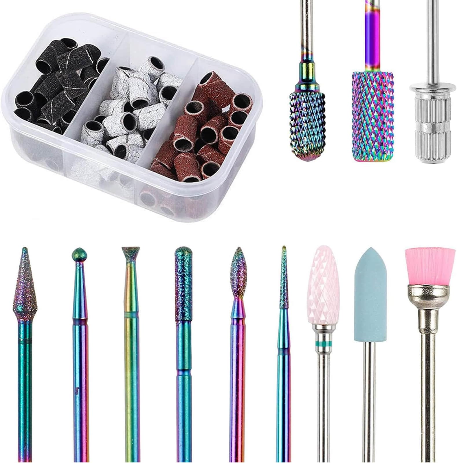 Nail Drill Bits, 12Pcs 3/32 inch Tungsten Carbide Drill Bit Set, Cuticle Bit for Nail Dril with 75Pcs File Sanding Bands (#80#120#180 Grits), Professional Drill Bits for Nails