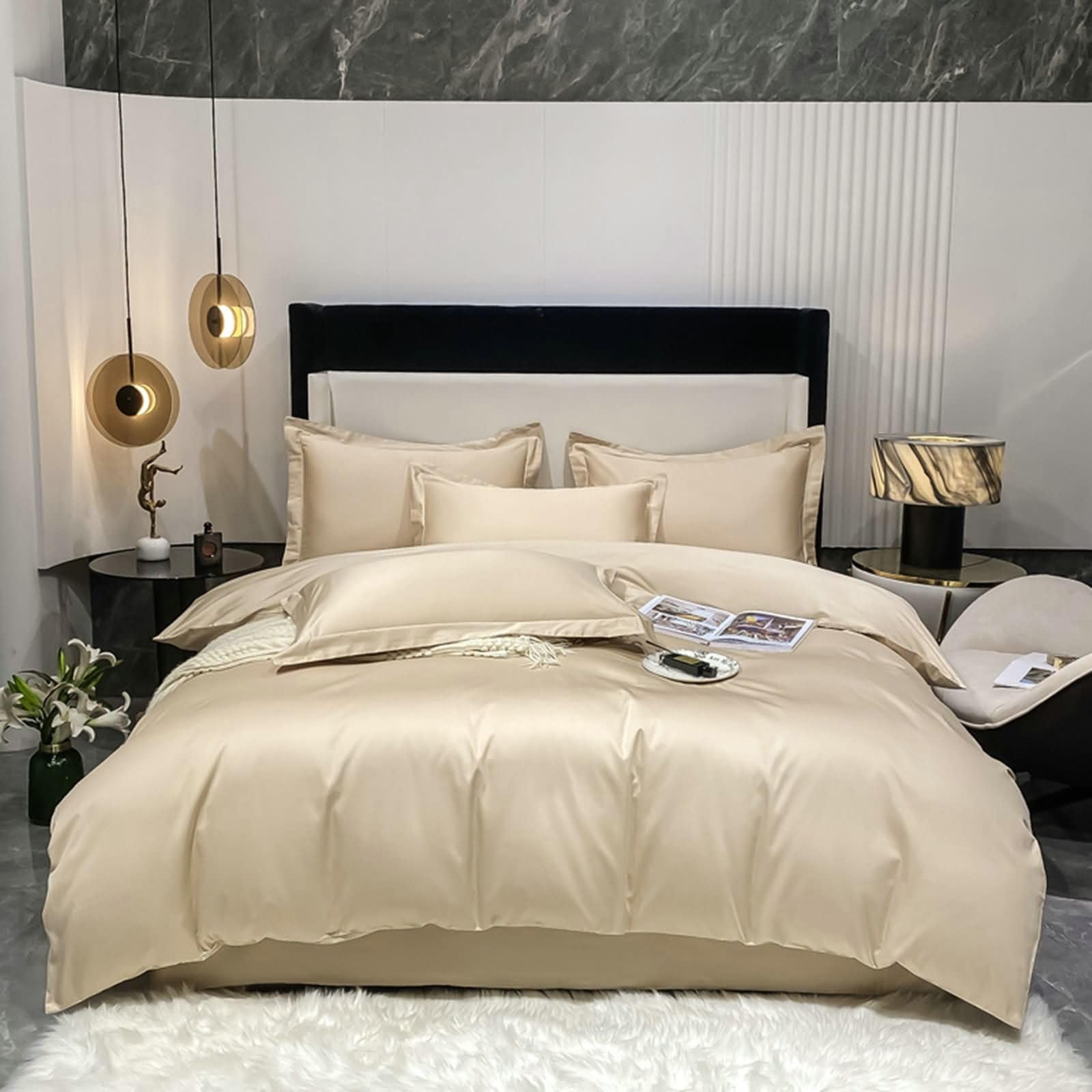 4-częściowy zestaw pościeli, poszwa na kołdrę 200x230cm, prześcieradło z gumką 150x200cm, 2 poszewki na poduszki, jednolity kolor, miękka bawełna, khaki