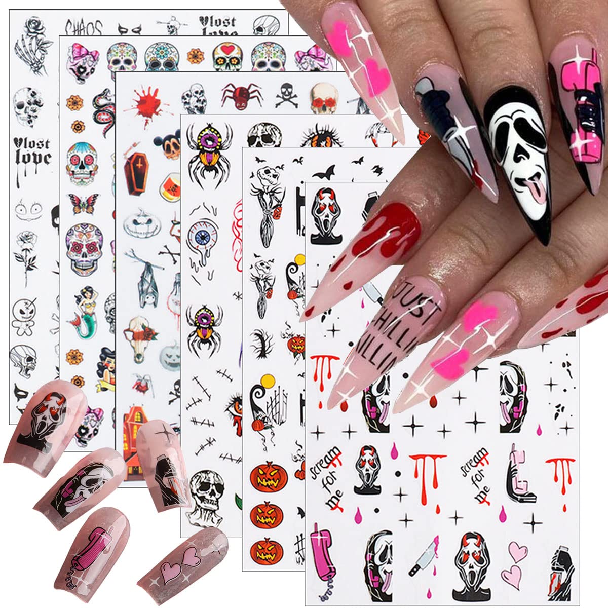 Amazon.com: 6 Sheets Halloween Nail Art Stickers - 3D Halloween Nail Decals  for Horror Ghost Face Scary Evil Clown Pumpkin Spider Skull Vampire Nail  Designer Halloween Nail Decoration Charms for Women Girl :