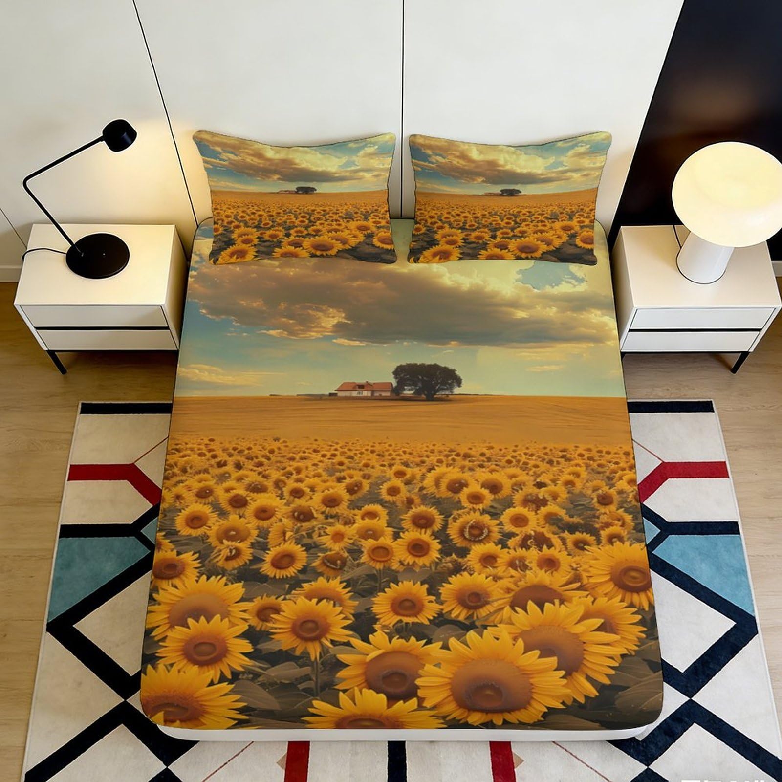 3D Printed Sunflower Field Fitted Sheet Microfiber Soft Breathable Cloudy Sky Bed Cover for Bedroom Dormitory Guest Room Mattress Protection Decor 90x200x25cm