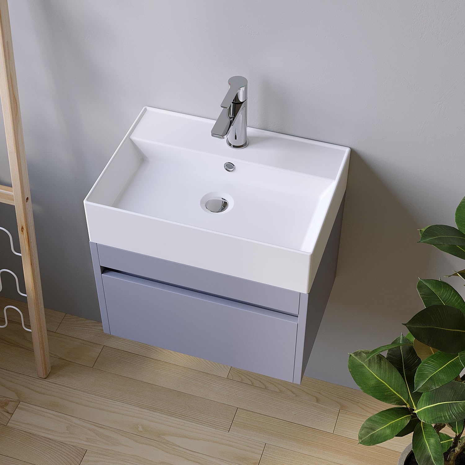 Lavabi in ceramica angolare 50 x 35 cm, lavabo a incasso per mobile da bagno, lavabo per bagno degli ospiti, sospeso, lavabo a parete, bianco, con foro per rubinetto, troppopieno, viti di fissaggio