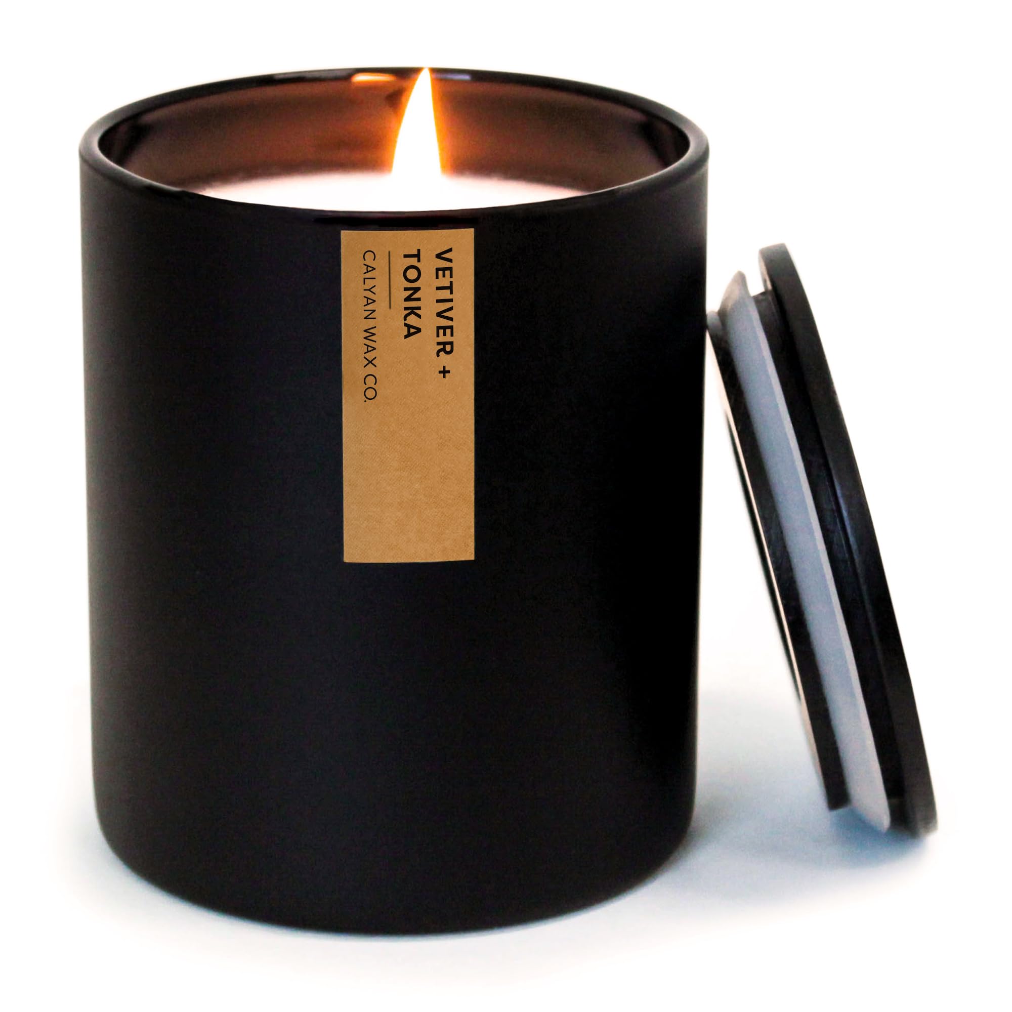 Vetiver & Tonka Scented Candle - 75 Hour Burn | Made in the USA Luxury Clean Soy Wax Candles - Long Lasting Black Tumbler Jar Candle for Home - 1 Wick - 10.2oz