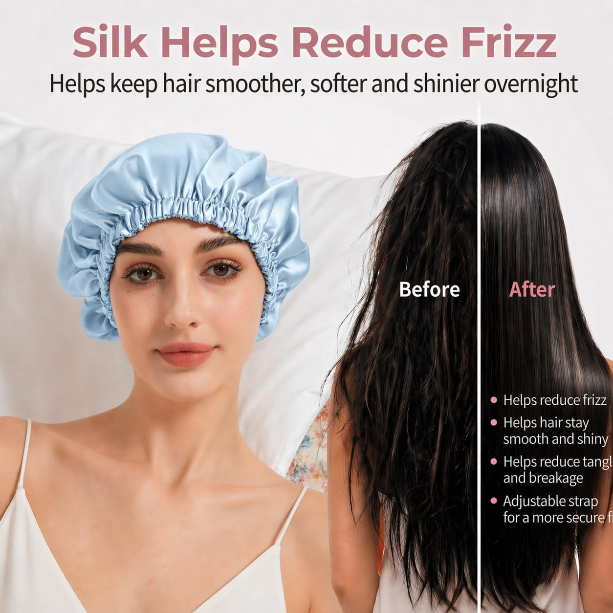 100% Mulberry Silk Sleep Bonnet, Double Layer Adjustable Silk Hair Cap for Women