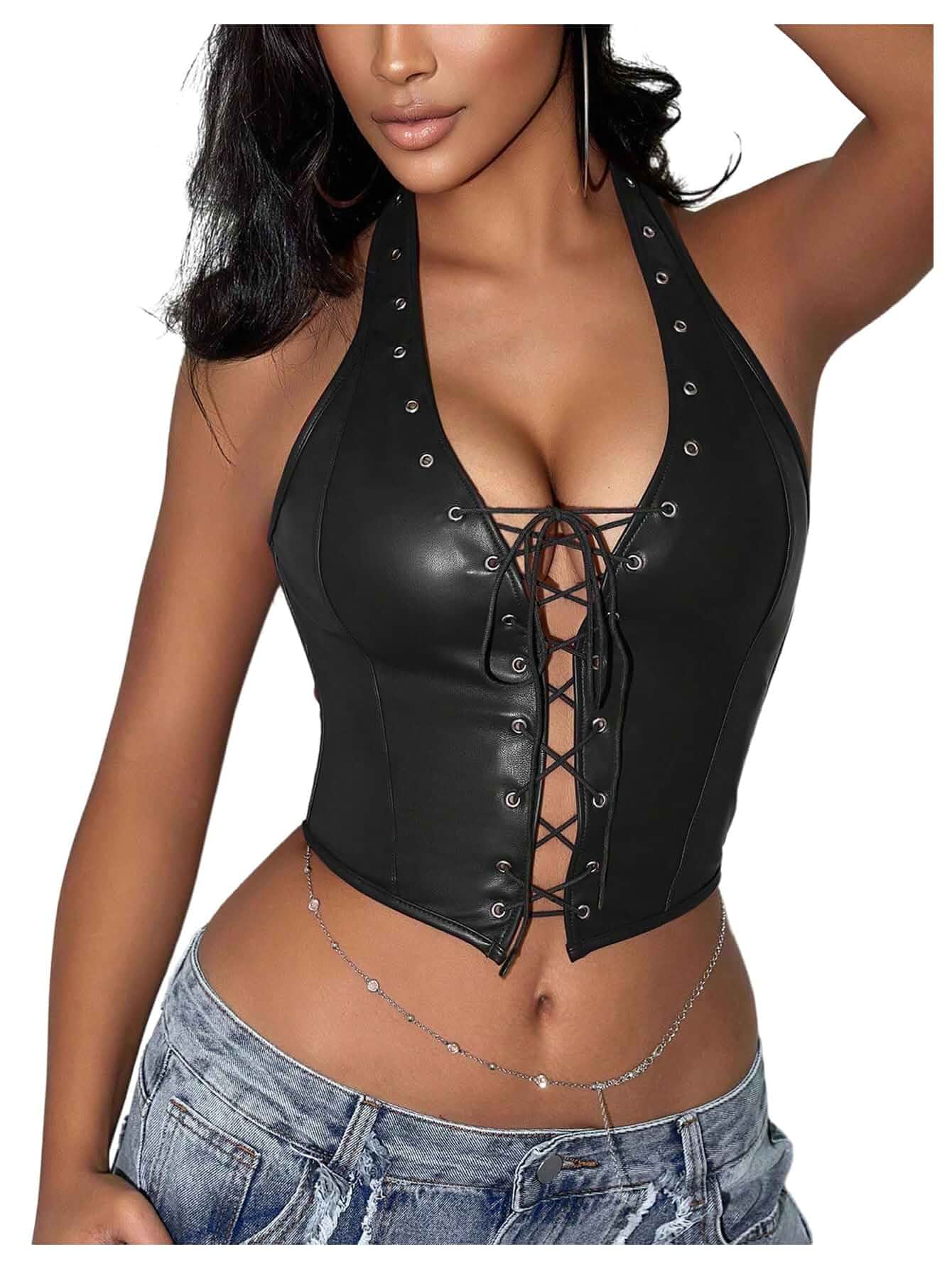 WDIRARA Women's Punk PU Leather Halter Corset Crop Top | Grommet Eyelet, Tie Front