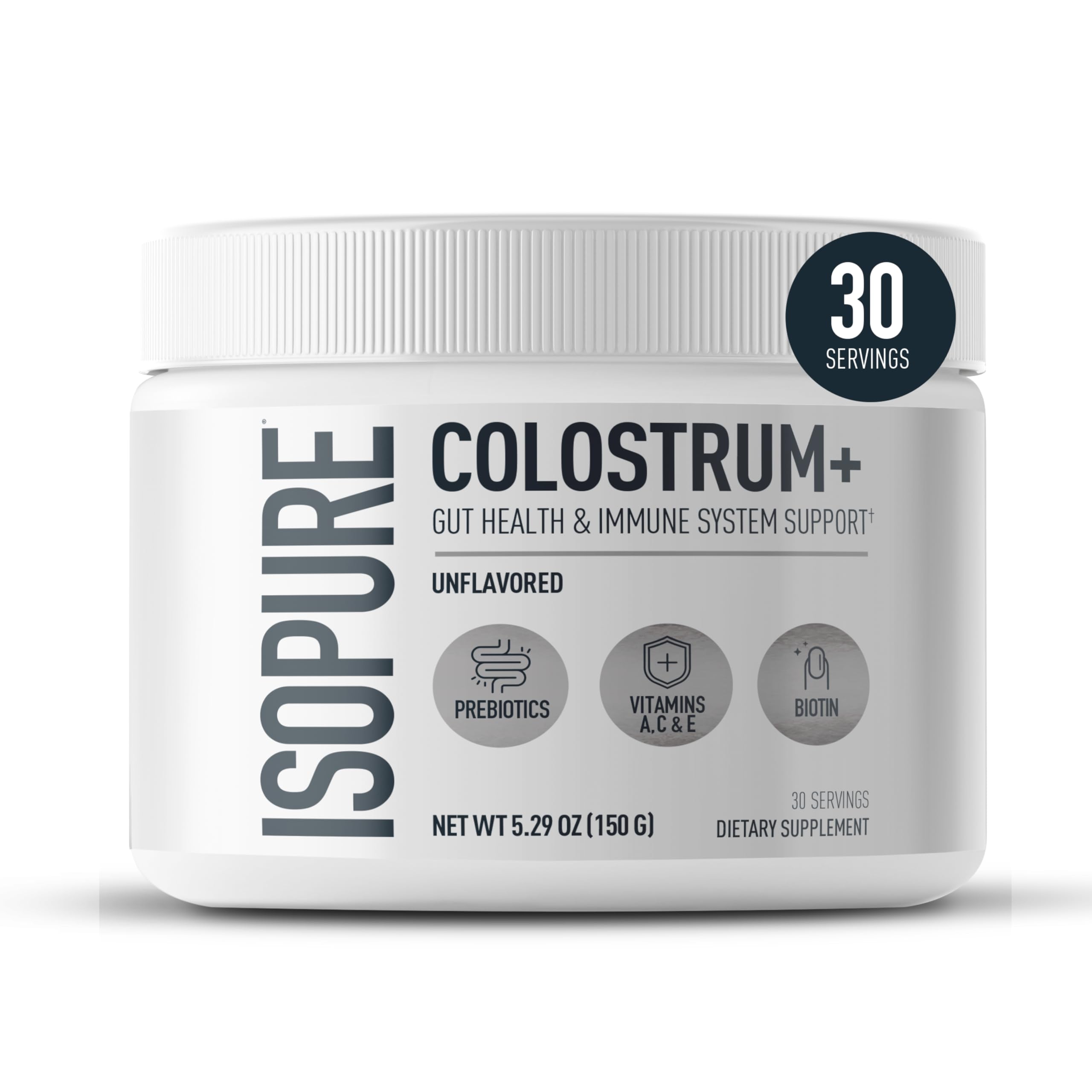 Isopure Suplemento de Colostro com Fibra Prebiótica, Vitaminas A, C e E e Biotina, 150 g
