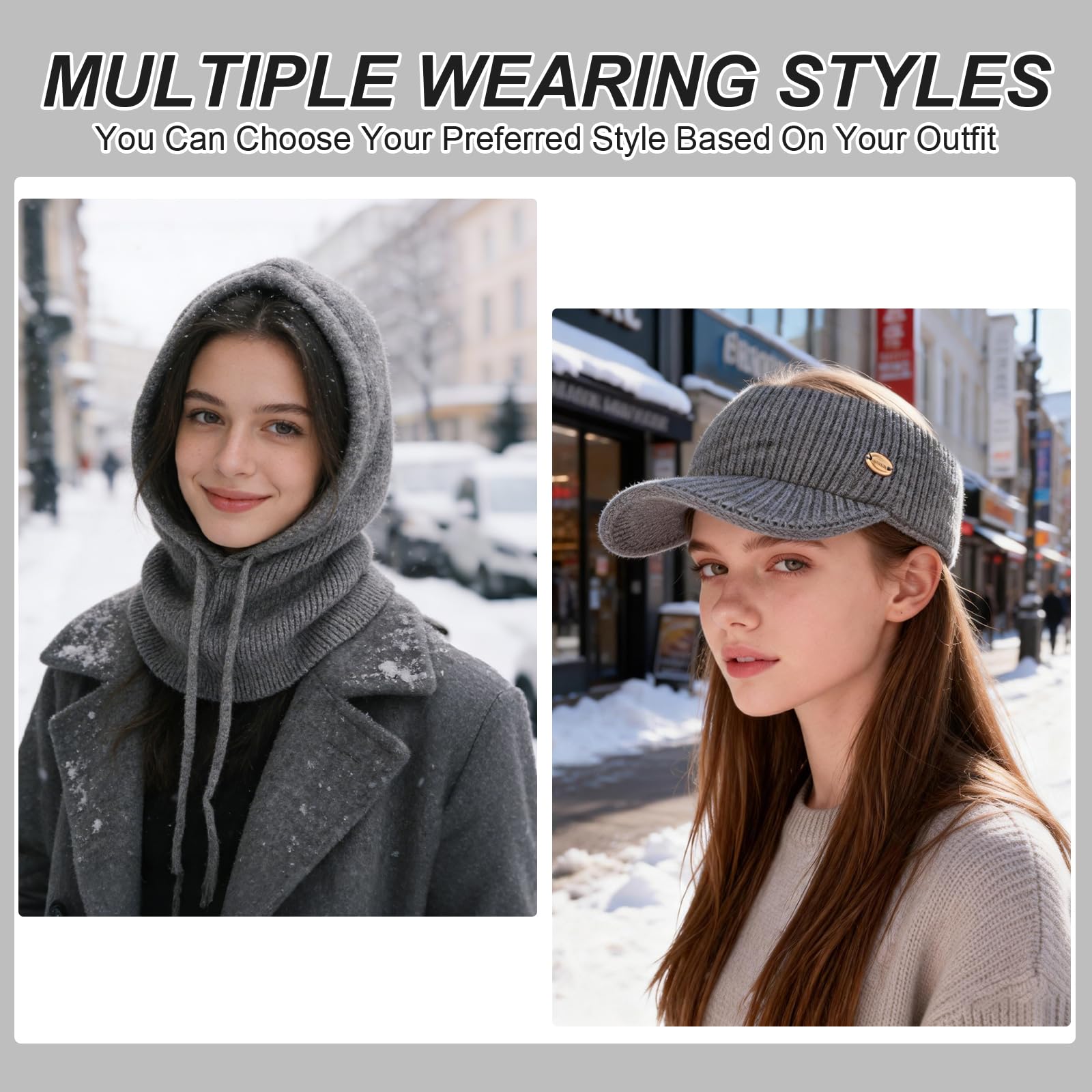 Mujer Invierno Gorro de Punto y Bufanda con Capucha, 2 en 1 Térmicos Prueba de Viento Ajustable Pasamontañas, Moda Gorro con Visera Calentador de Cuello para Deportes al aire libre Diario Correr