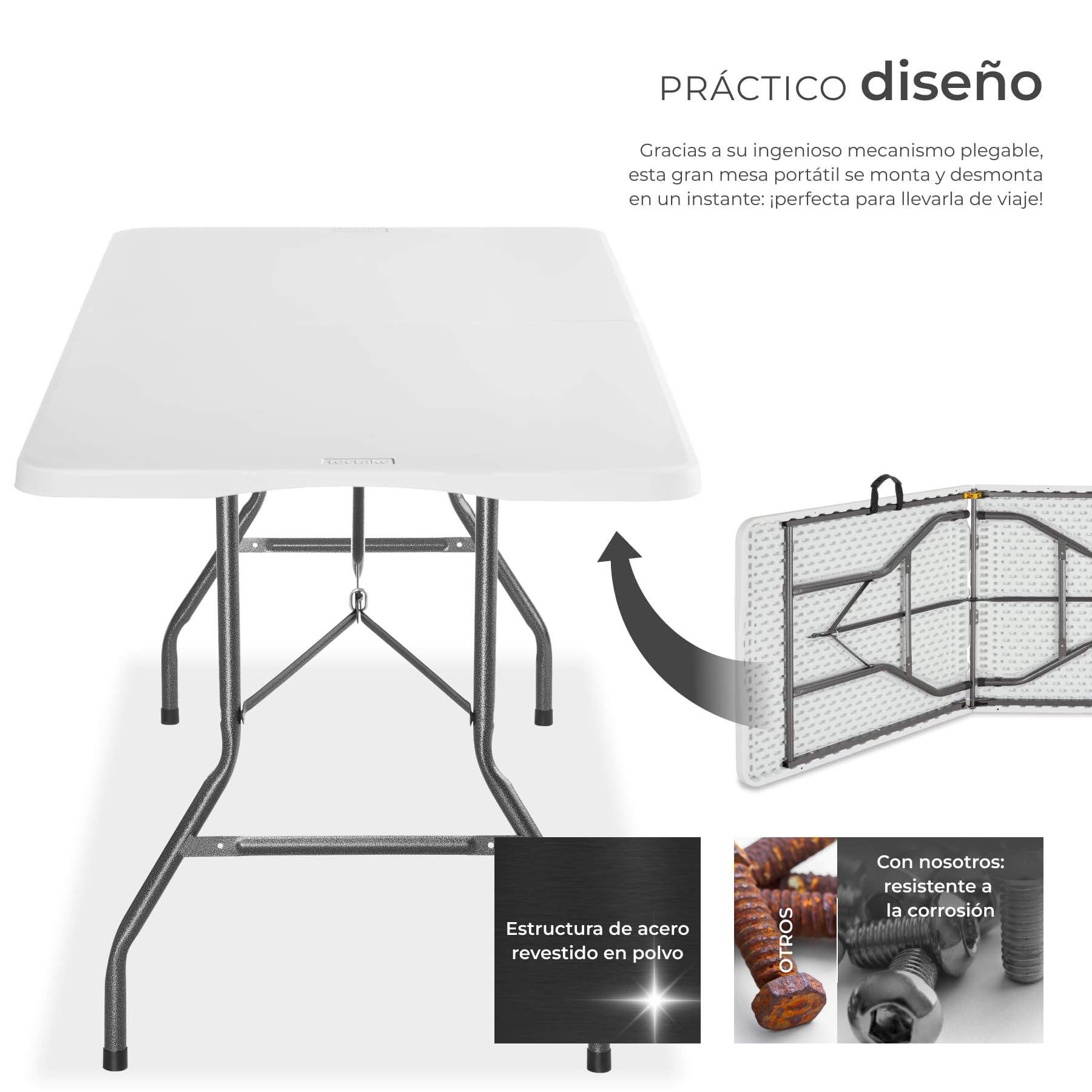 tectake® Mesa Plegable Camping Portatil 70 x 180 x 74 cm, Mesa Auxiliar Jardin, Mesas Plegables, Campismo, Asa de Transporte, Cierre de Seguridad, Carga 120 kg - Blanco