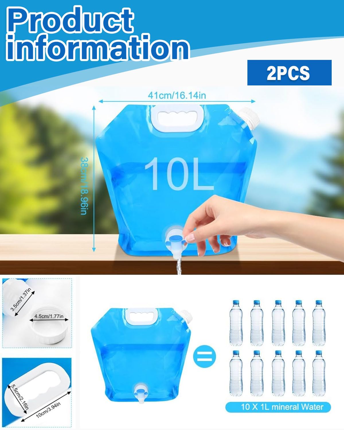 2 pezzi 10L Taniche Pieghevoli per Acqua, Tanica dell'Acqua Trasportabile, Tanica Acqua Campeggio,per Campeggio,Escursionismo e Picnic