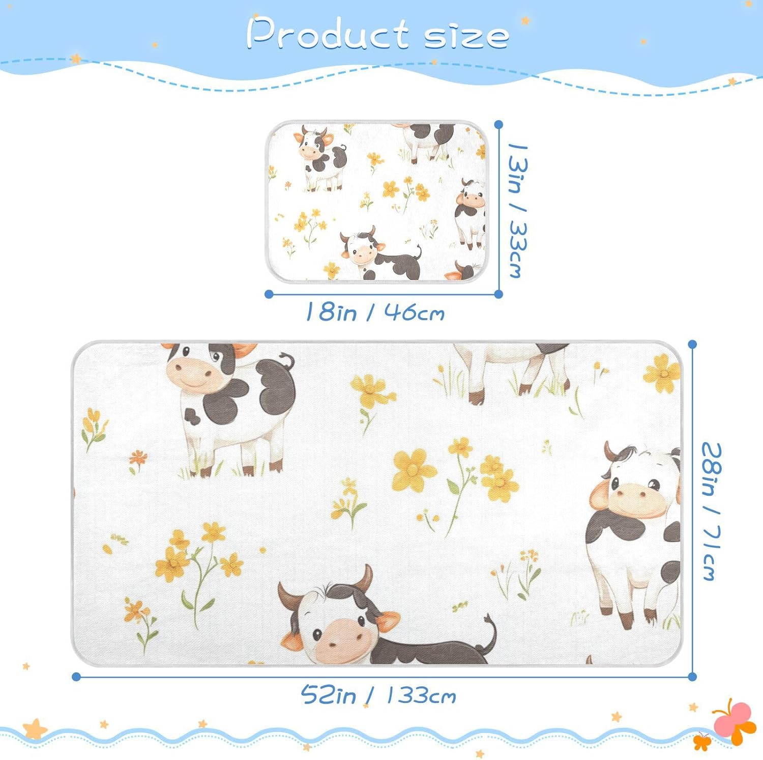 Cartoon Sweet Cow White Cooling Baby Mattress Protector Pads 28" x 52" Ultra Soft Pads Washable Waterproof for Baby&Toddler