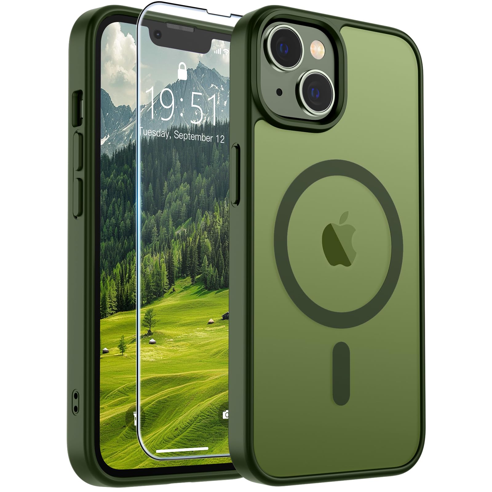 SUPFINE Magnetic for iPhone 13 Case/iPhone 14 Case Cangling Green | With Screen Protector, Translucent Matte, Compatible with MagSafe, Military Grade Drop Proof, Rugged Shockproof Protective