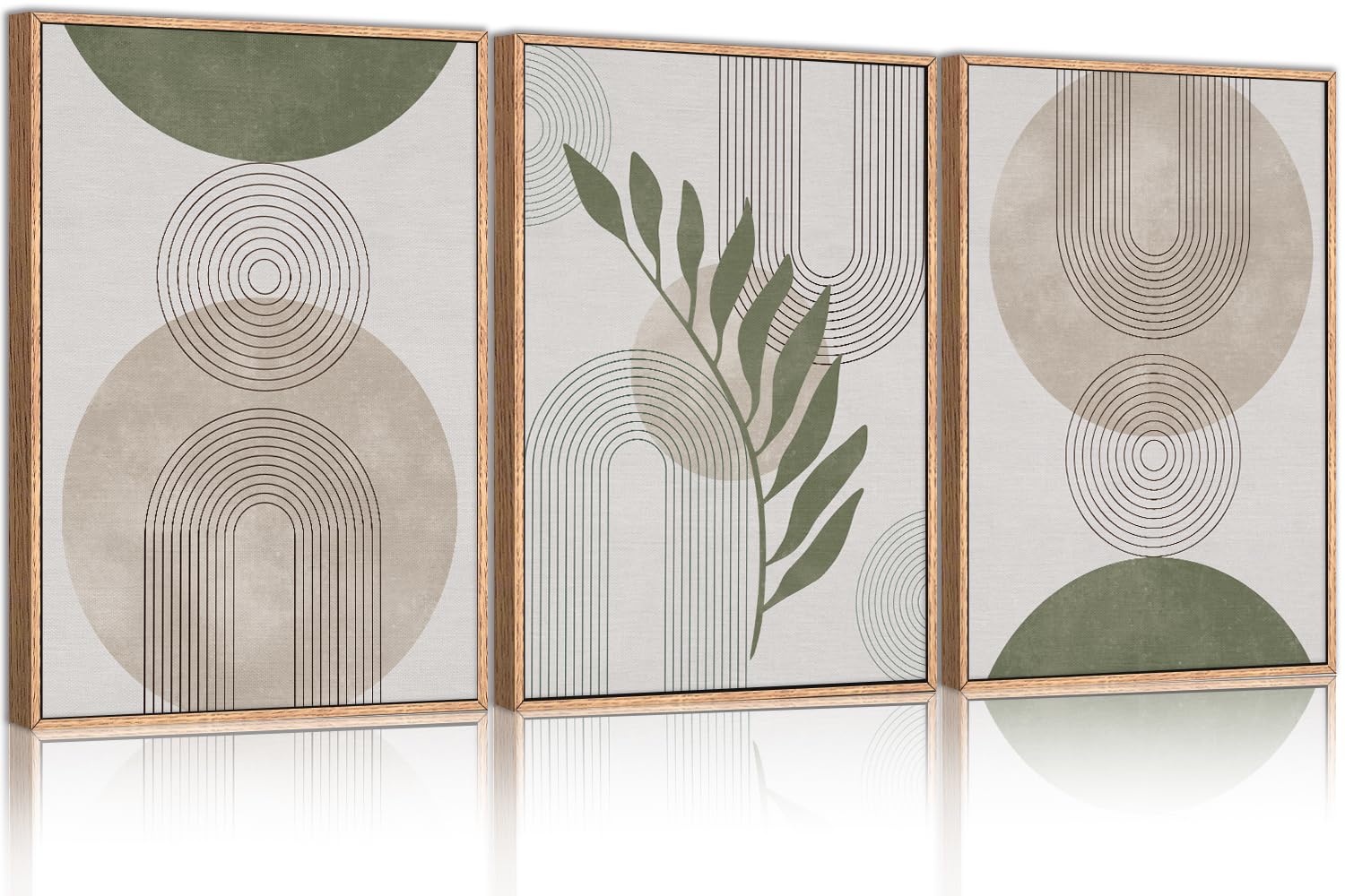 HPINUB Sage Green Boho Framed Canvas Wall Art Set, Minimalist Beige Green Botanical Wall Decor, Abstract Geometric Line Leaf Canvas Painting for Living Room, Bedroom, Dining Room, Office Decor-24"x36"x3