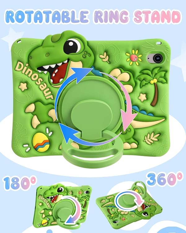 Boaretiu Tablet Case - Cute Cartoon Silicone Cover with Adjustable Shoulder Strap & Rotating Stand for Kids Boys Girls, for Samsung Galaxy Tab S10 FE 2025/S9 FE 2023 Case 10.9", Green Dinosaur by Boaretiuㅤ - Image 3