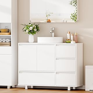 ANWBROAD Waschbeckenunterschrank, Badezimmerschrank mit 4 Schubladen 2 Schranktüren,Viel Stauraum, Unterschrank Waschbecken mit Füßen, Moderner, 30 x 90 x 64.5 cm, Weiß SSC002W