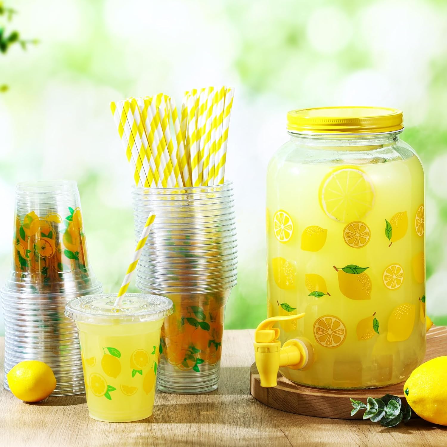 Umigy 1 Gallon Glass Lemonade Dispenser with 100 Pcs 16 oz Disposable Plastic Lemon Cups with Lids and Straw Drink Dispenser with Spigot for ​lemonade Stand Supplies Party Juice Ice Tea Beer Beverage