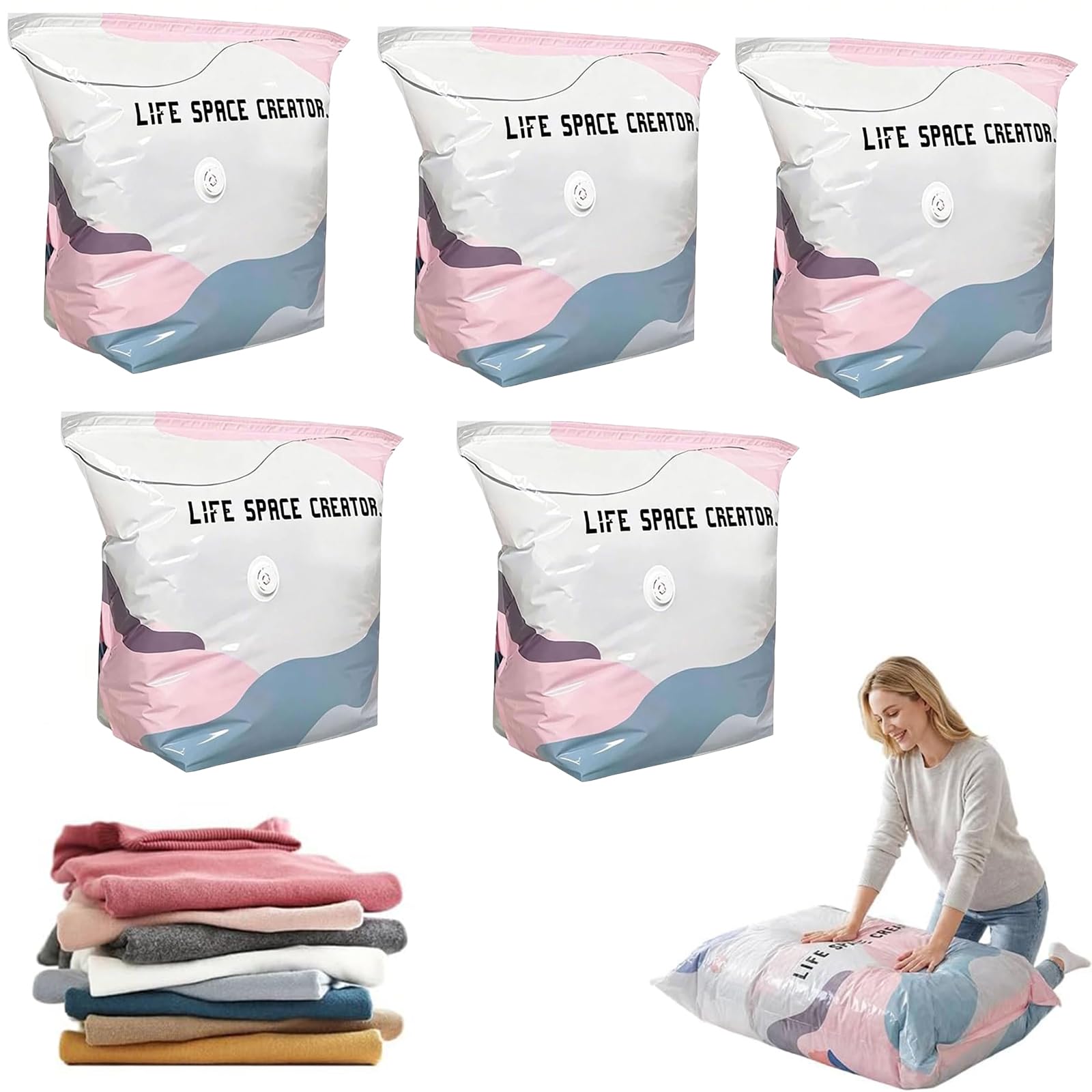 No Pump 3D Vacuum Storage Bags for Duvets, Vacuum Pack Bags for Clothes Travel & Home Comforters Blankets Bedding, Extra Large Vacuum Storage Bags, Roll-Up Compression,Space Saver (5PCS, 70x50x30cm)