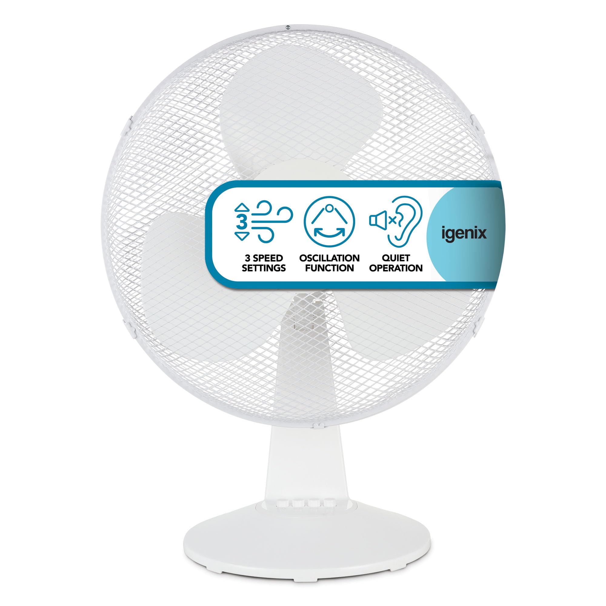 Igenix DF1610 16” Portable Desk Fan – 50W, 3 Speed Settings, Quiet Oscillating Airflow with Adjustable Tilt – Ideal for Home, Office or Bedside – White