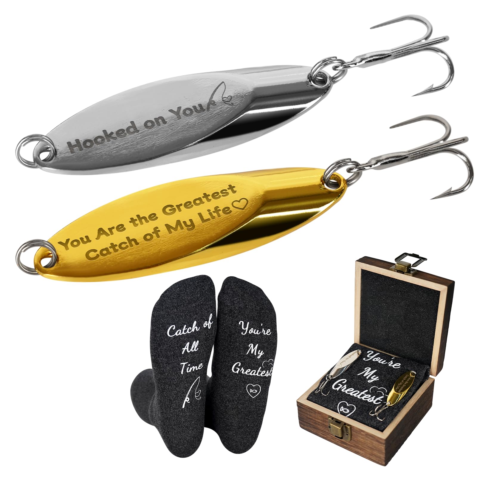 Valentine Gift for Boyfriend, 2Pcs Engraved Fishing Hook, 3 Inches Fish Lure Fishmen Lover Gift Set for Men Boyfriend Husband, Birthday Gifts from Wife Girlfriend