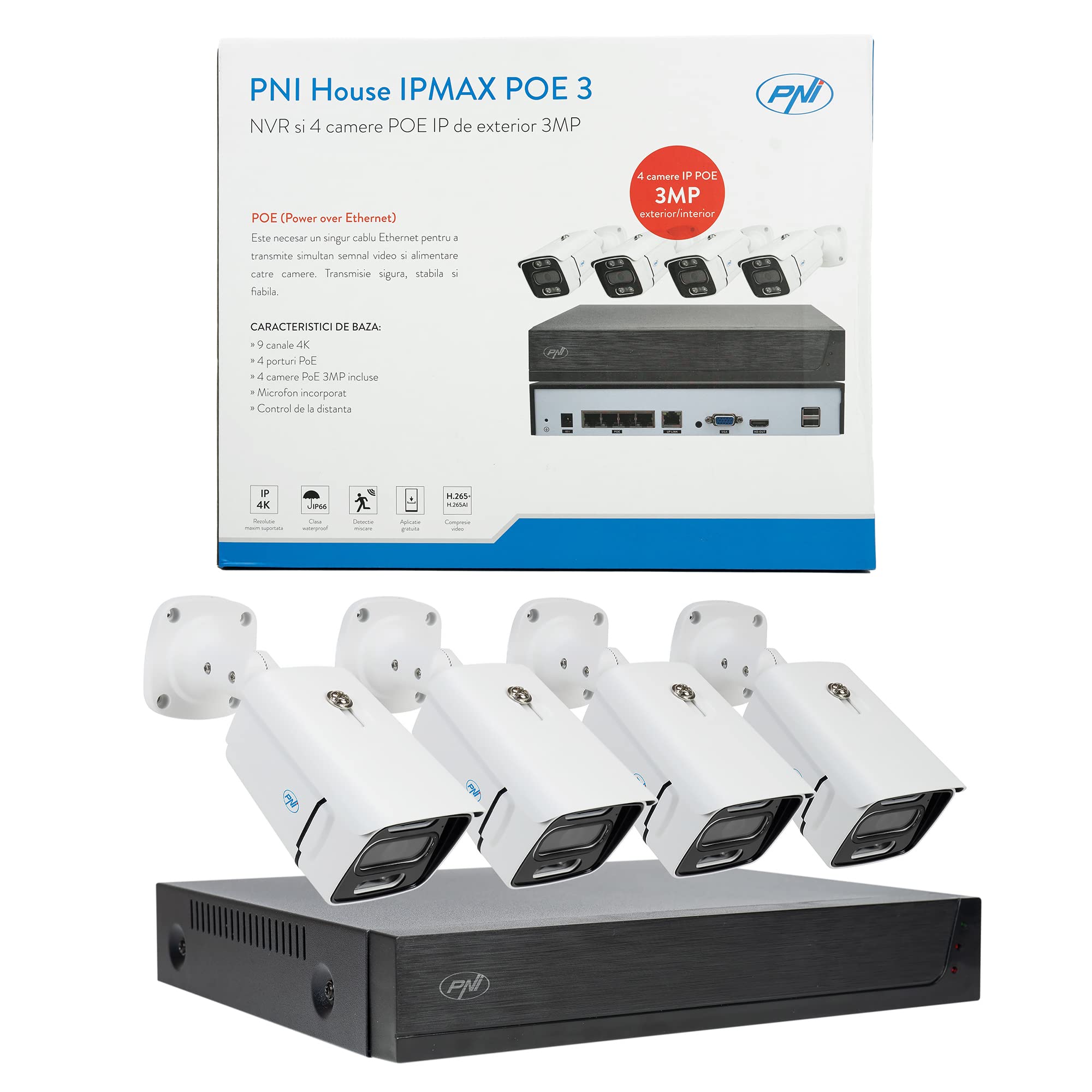 Kit videosorveglianza PNI House IPMAX POE 3, NVR con 4 porte POE, 4 telecamere 3MP, esterno, Power over Ethernet, rilevamento volti