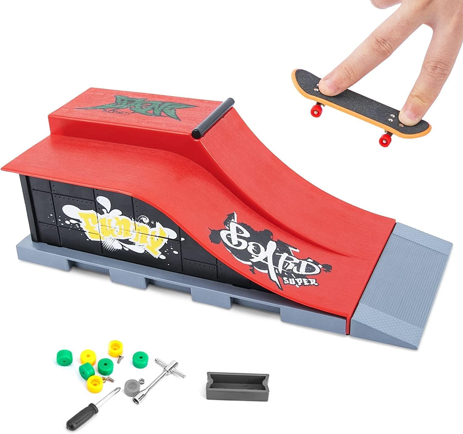 Mini Fingerboard Ramp Set with Skateboard, DIY Finger Skate Park for Kids and Adults, Training Props for Fingerboard Tricks, Freestyle Finger Skate Game Toy with Accessories