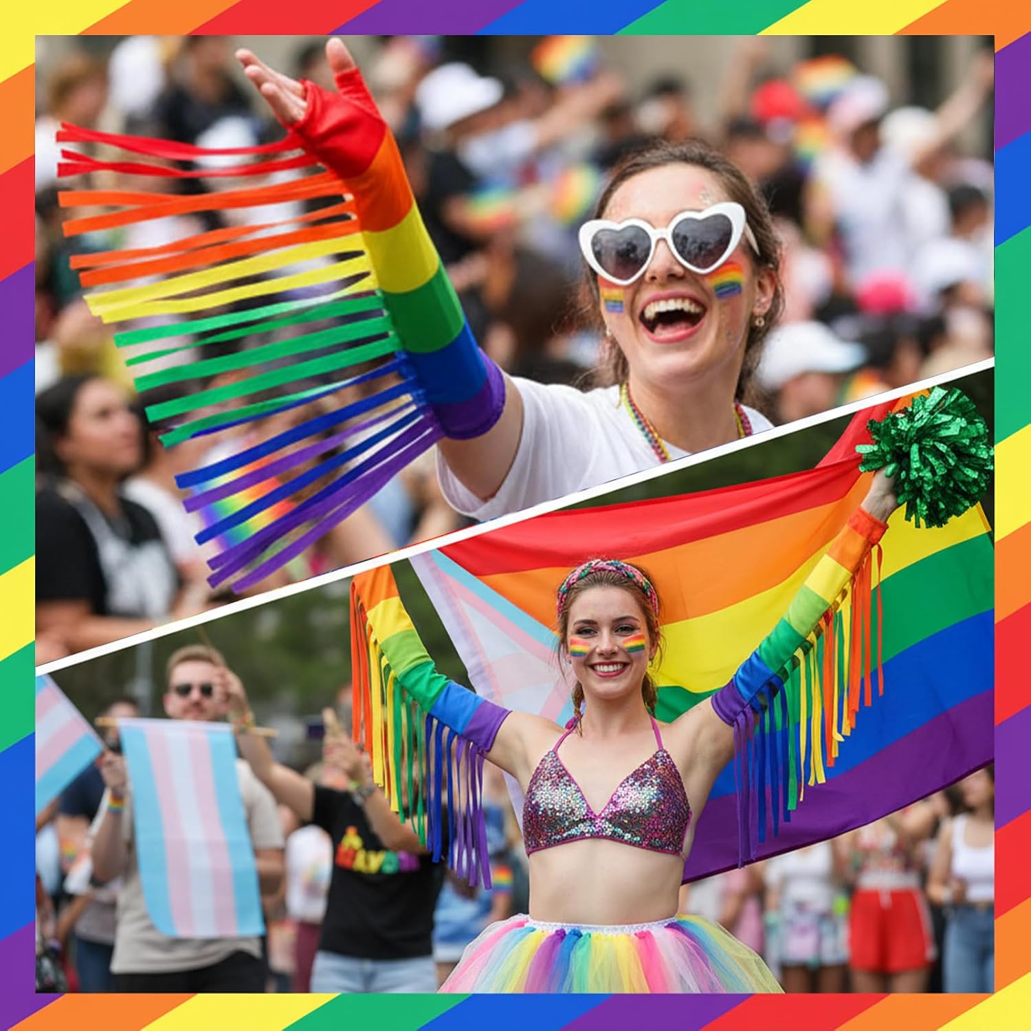 Rainbow Fringe Arm Warmers – Stretchy One Size for Pride | soft stretchy fabric fits most arms, perfect for Pride parade, rave, Halloween, Christmas cosplay & LGBTQ+ party