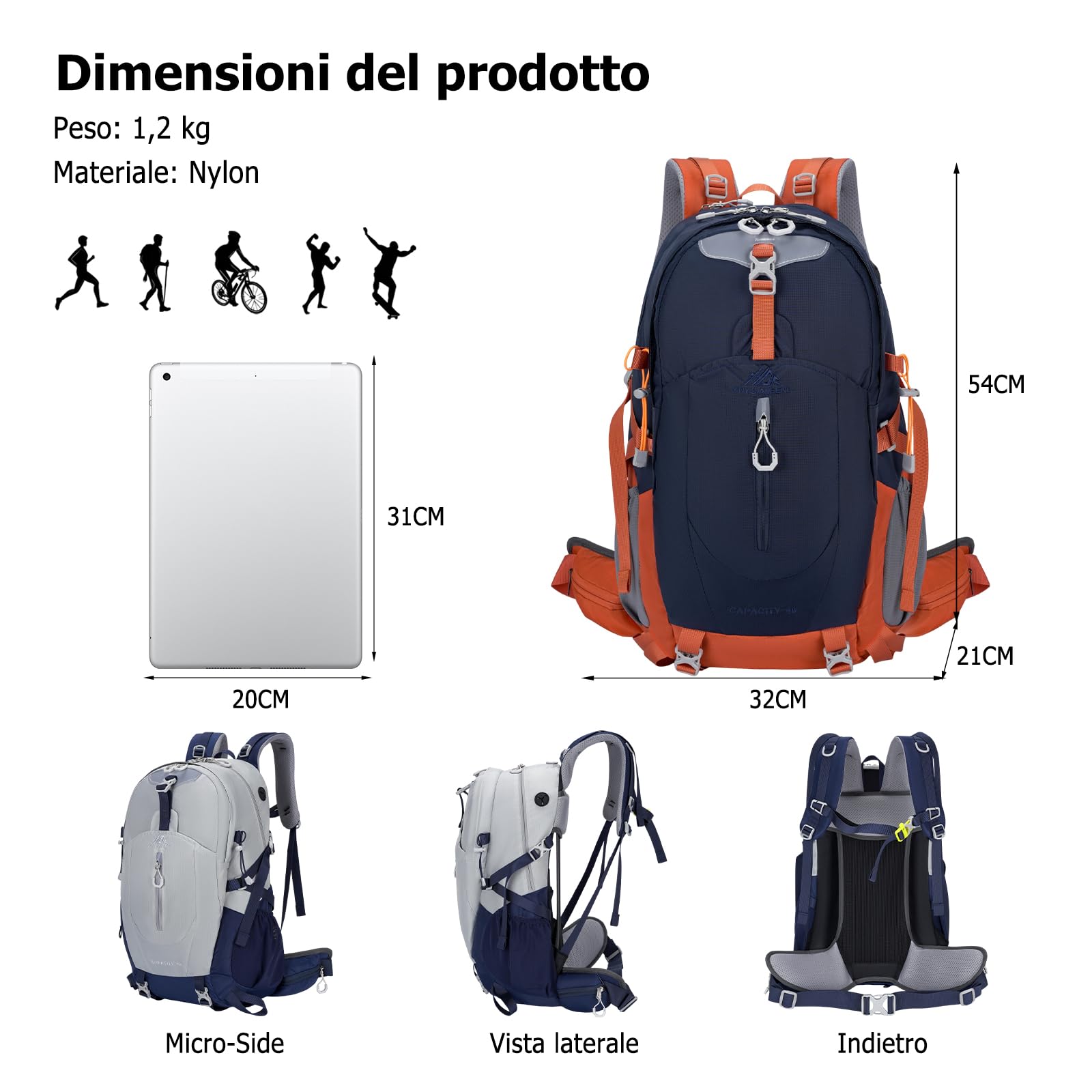 Zaino da Escursionismo 40L con Copertura Antipioggia Zaino Outdoor Ergonomico Traspirante Riflettente Backpack per Campeggio Viaggi Blu Marino
