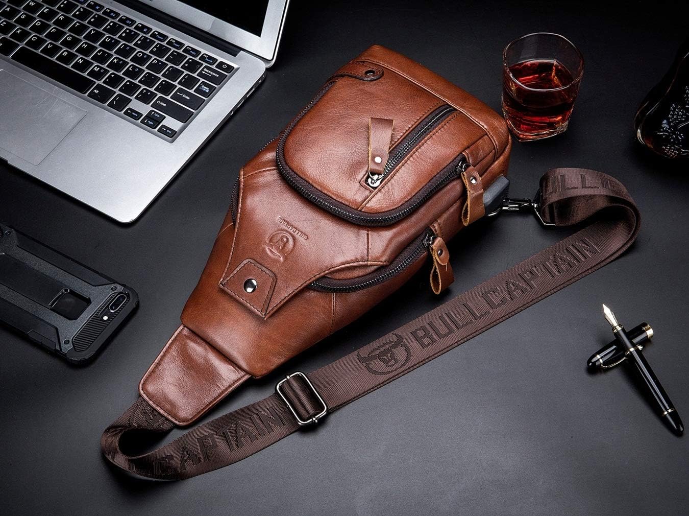 BULLCAPTAIN Genuine Leather Mens Sling Bag Multipurpose Travel Crossbody Chest Bag Daypacks with USB Charging Port (Brown) - Image 4