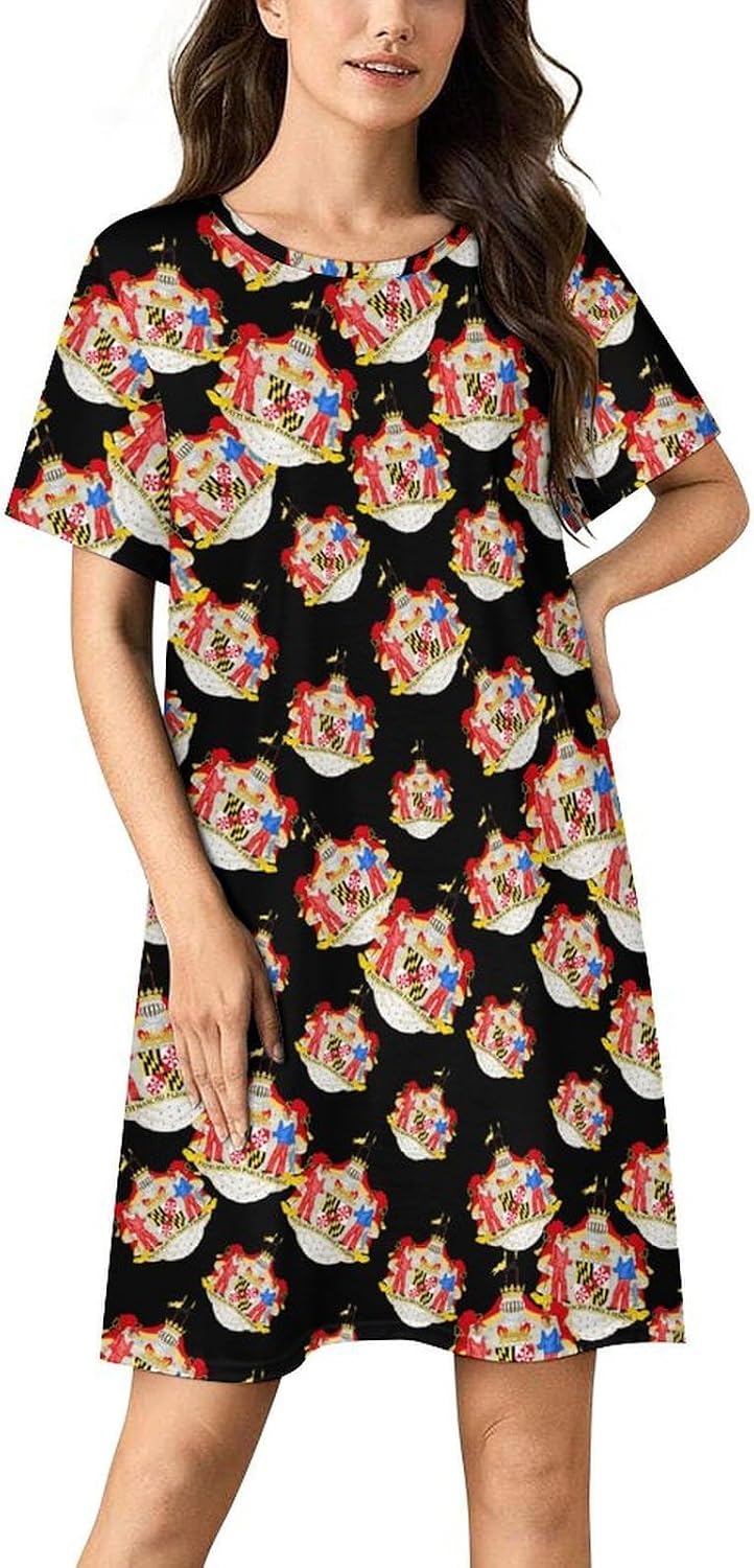 Coat of Arms of The State of Maryland Nightgowns for Women Short Sleeve Sleep Dress Casual Sleepshirt Night Gowns Pajamas