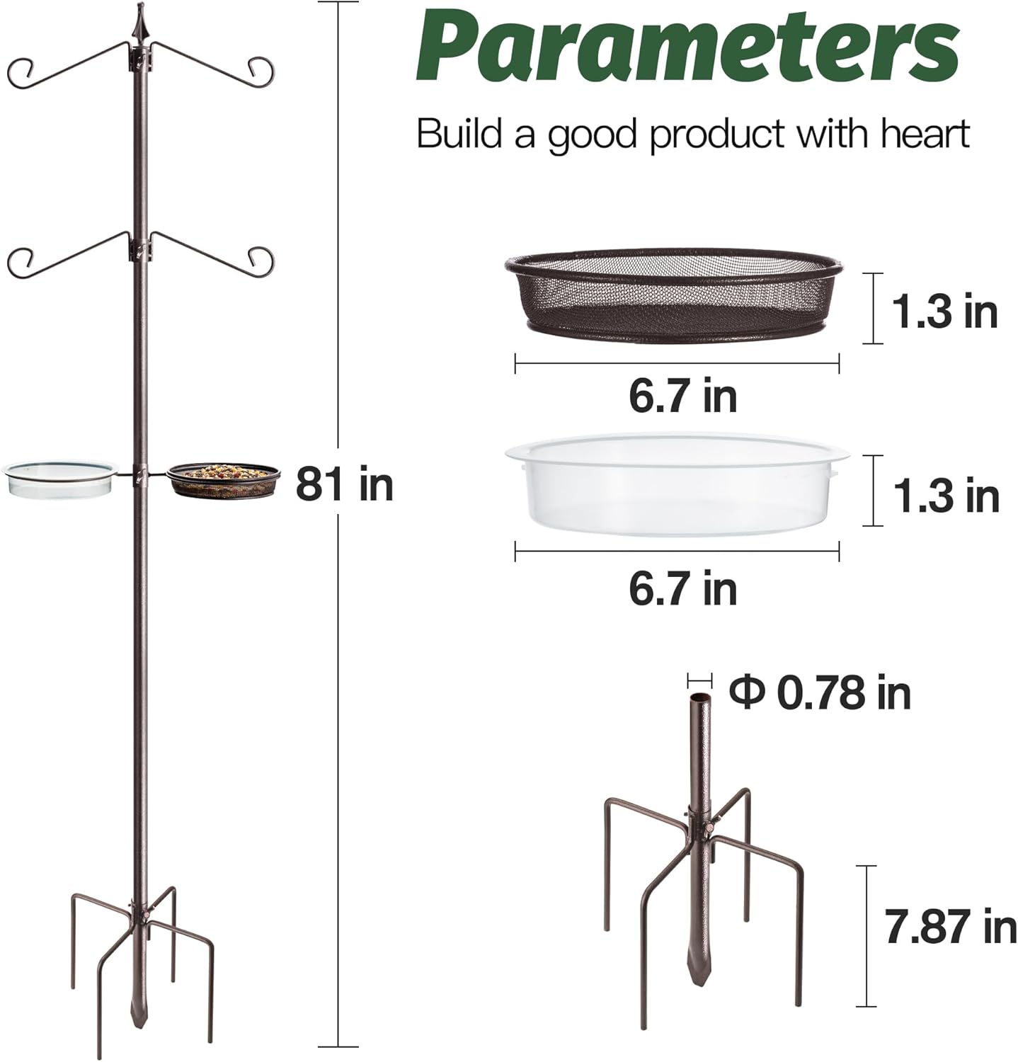 Bird Feeding Station Kit,81 Inch Metal Birds Feeder Stand with 4-Hook,Bird Bath and Mesh Tray,5-Prong Base